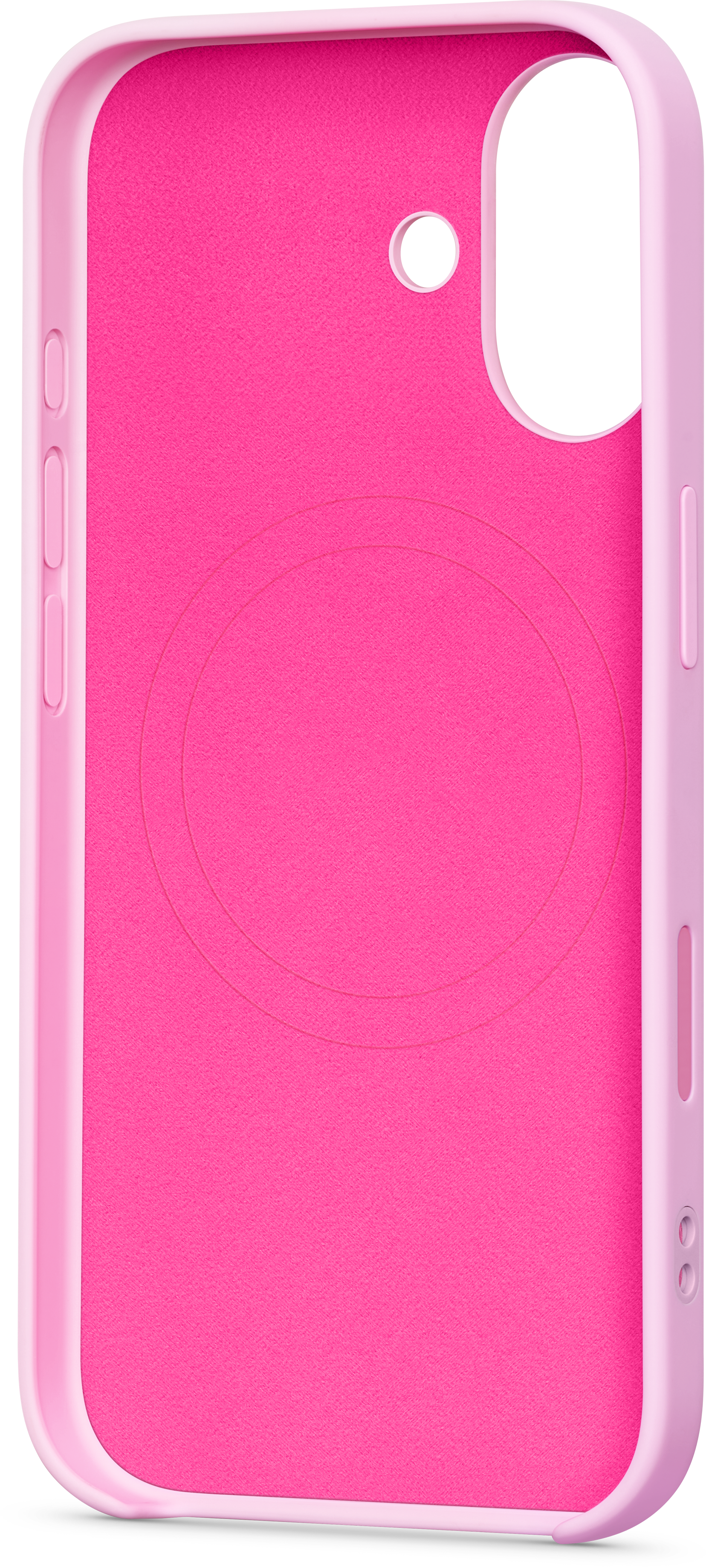 Une coque de téléphone rose avec un intérieur texturé et un cadre rose plus clair. Elle a des découpes.