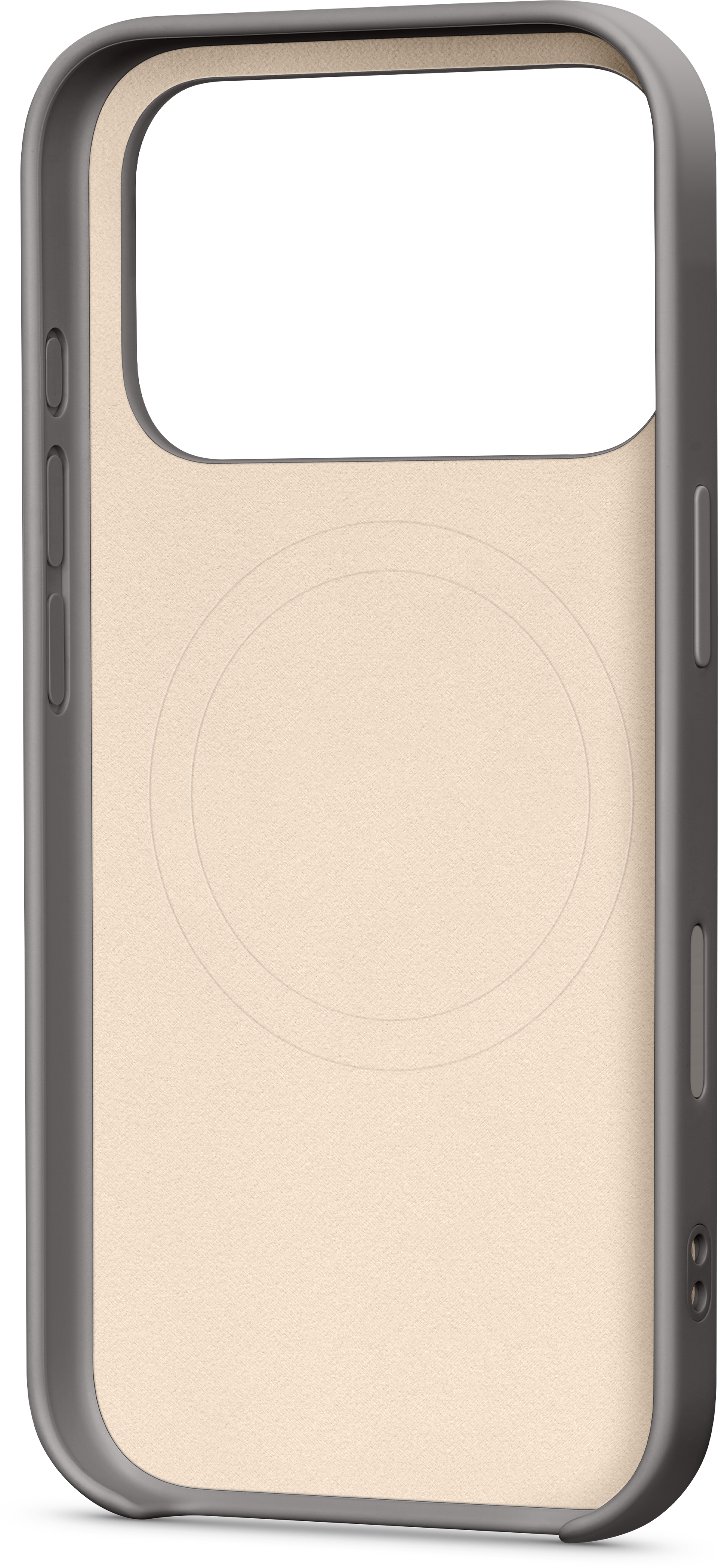 Un étui de téléphone avec un intérieur beige clair et un cadre gris foncé. Un cercle et une découpe pour la caméra sont visibles.