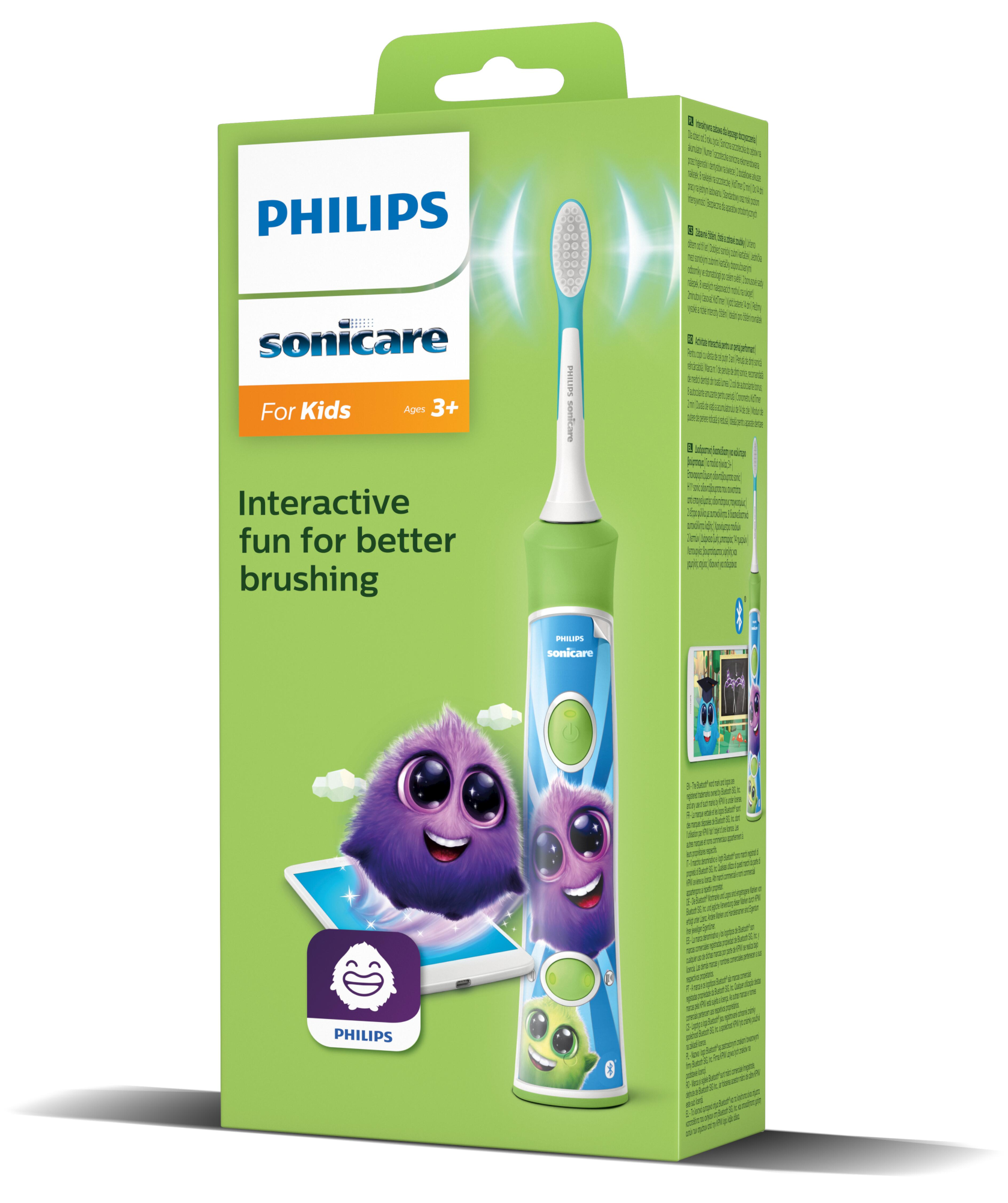 Dobozos Philips Sonicare fogkefe gyerekeknek. Tartalmaz fogkefét, töltőt és matricákat, zöld és kék színekben.