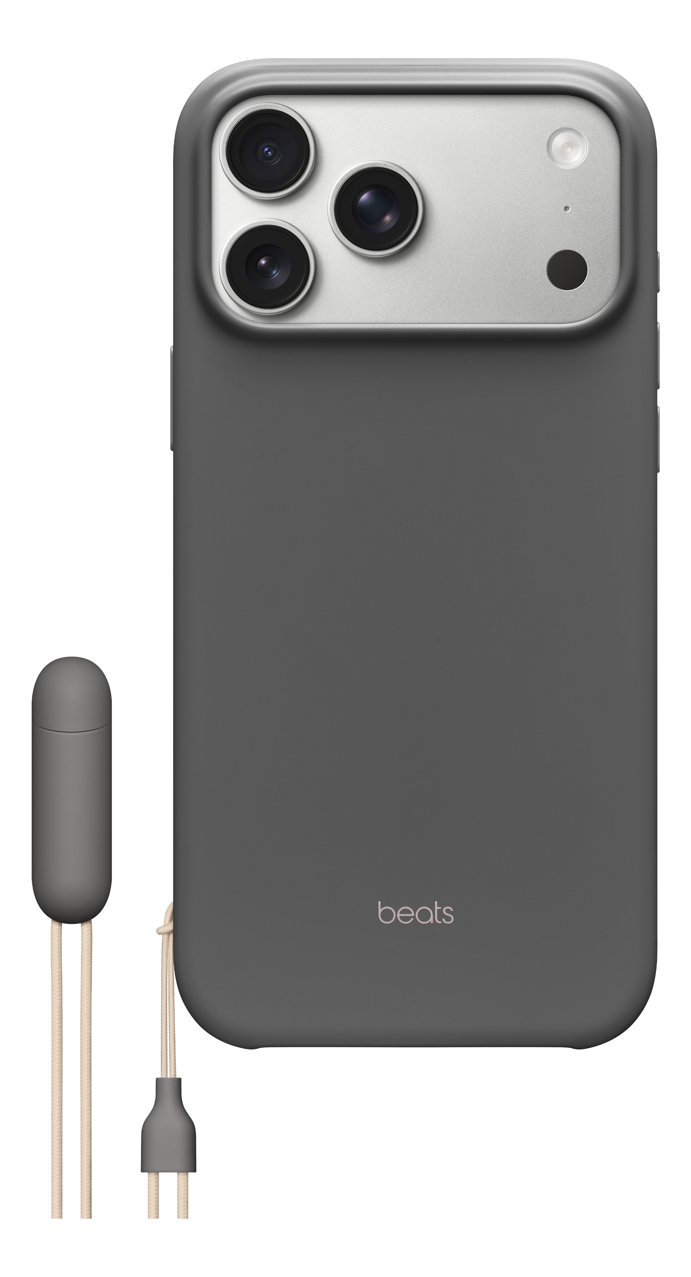 Une coque iPhone gris foncé avec une section caméra argentée, un écouteur gris connecté et une prise assortie. Le logo Beats est visible.