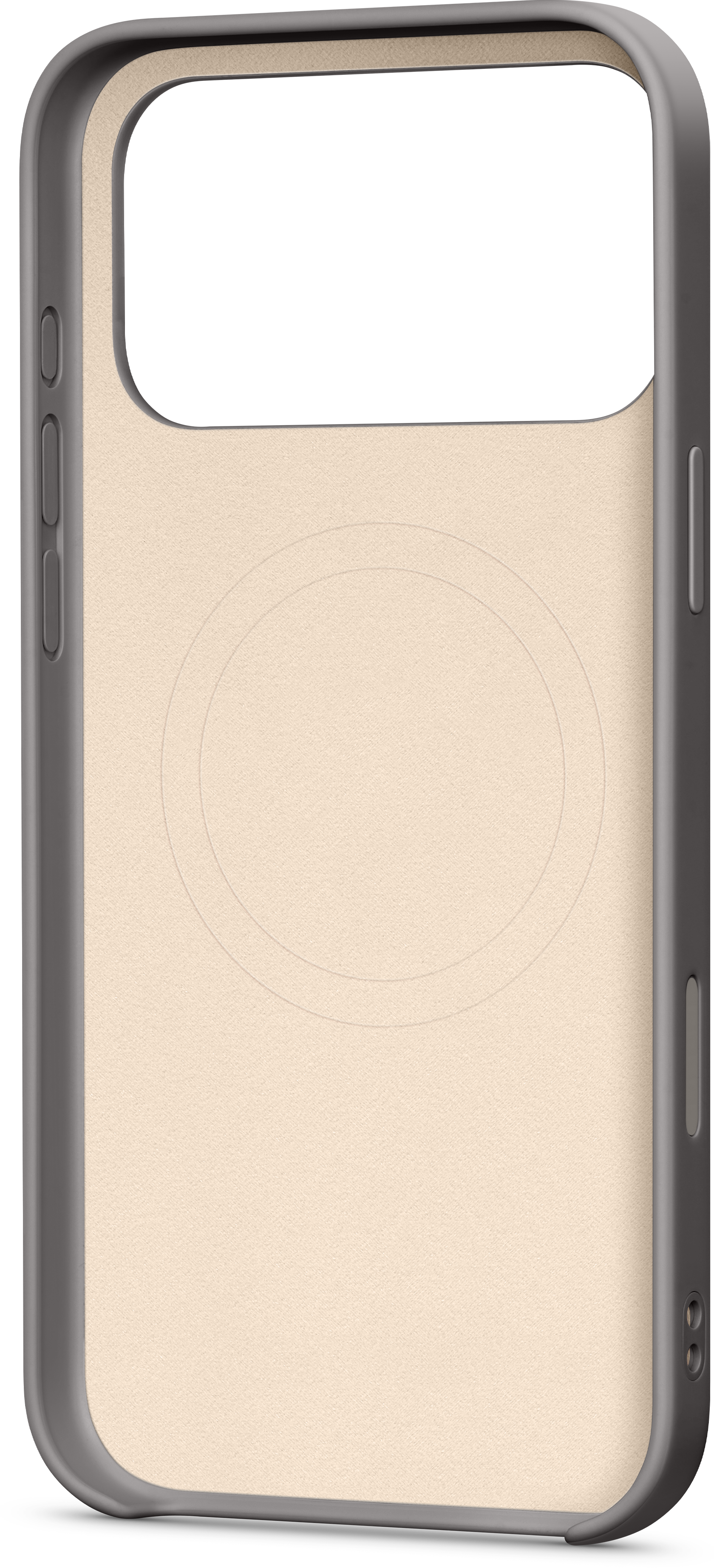 Une coque de téléphone avec un dos beige et des bords gris. Elle a un contour circulaire au dos.