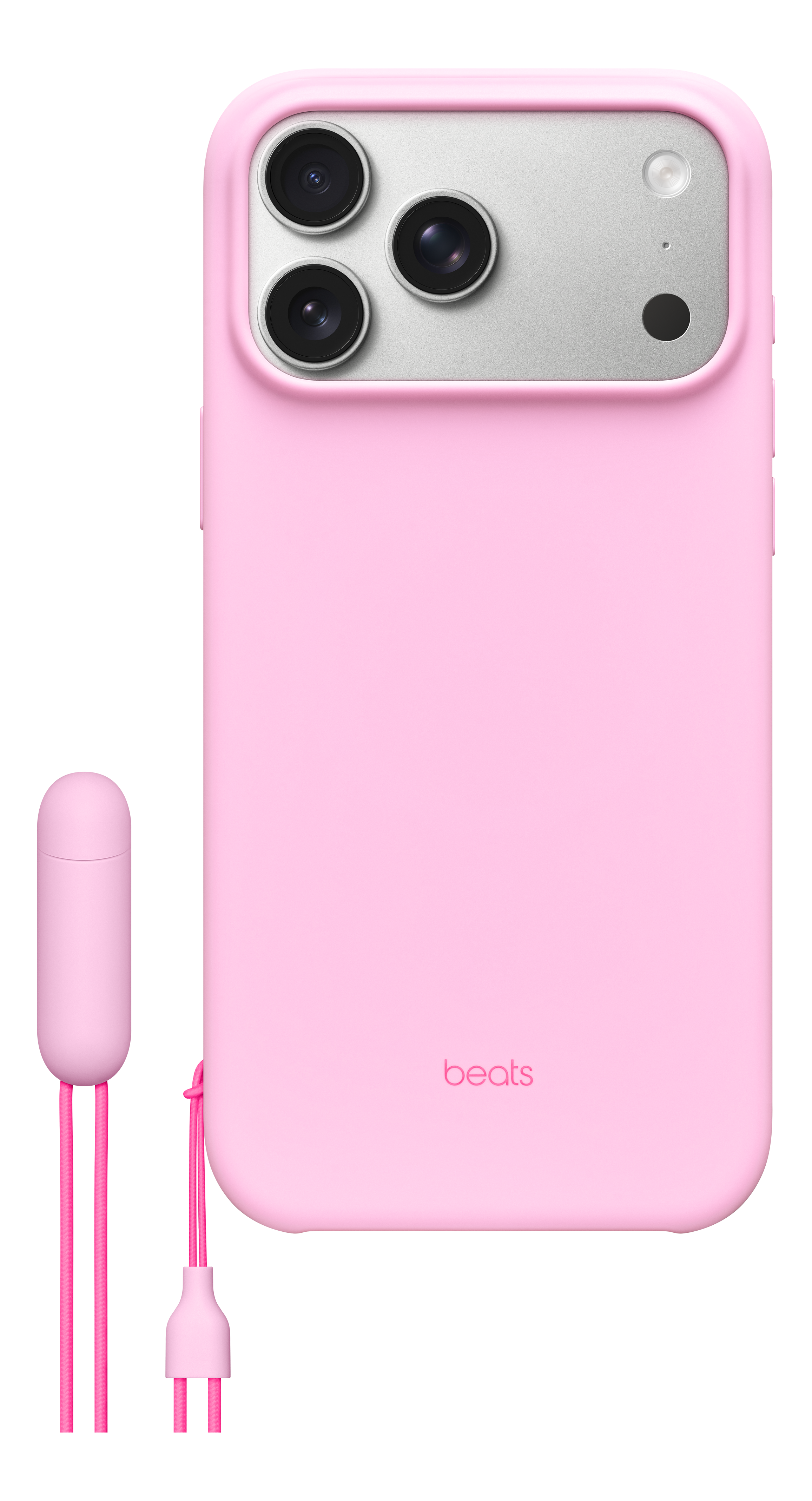 Custodia rosa per iPhone con logo Beats, area fotocamera argentata con tre lenti. Accessorio rosa con cavo e spina.