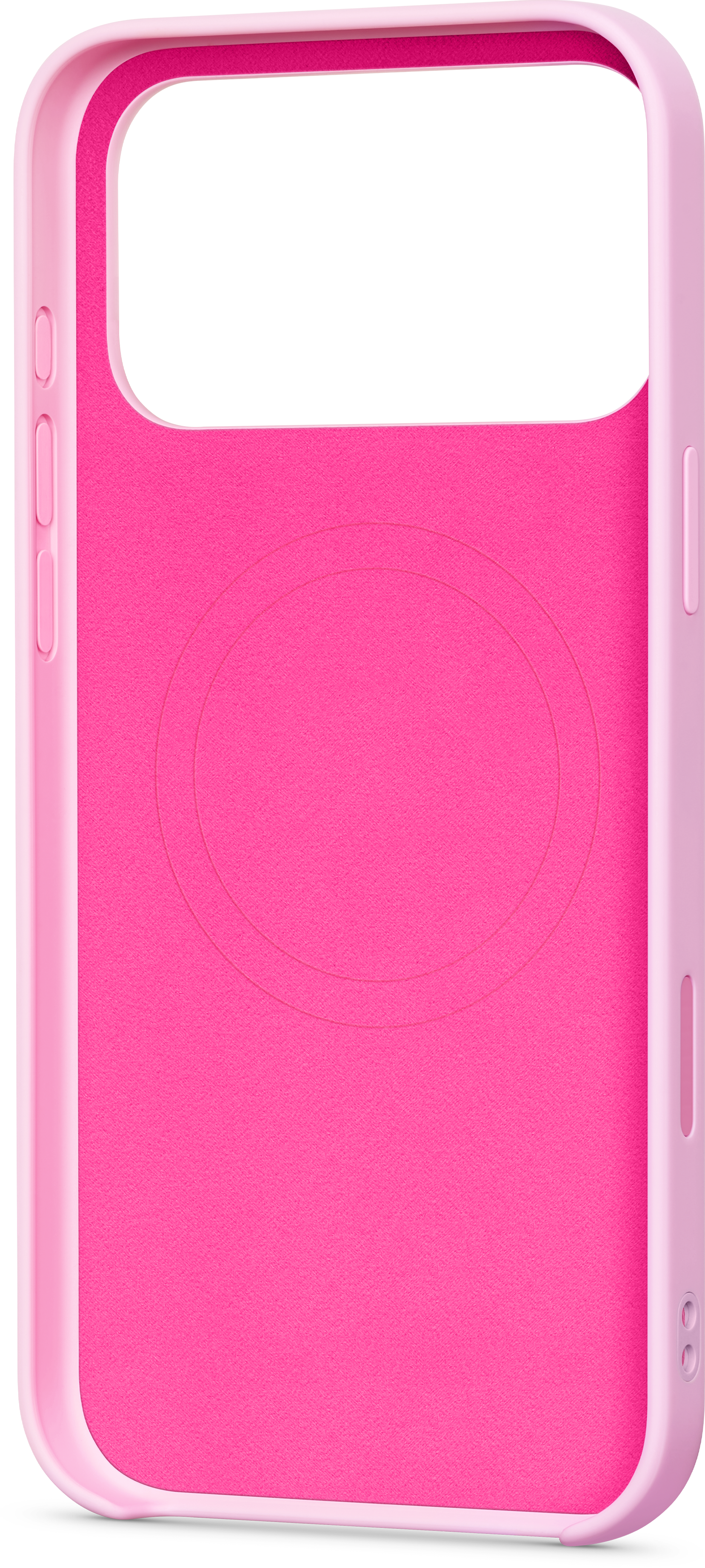 Viene mostrata una custodia per telefono rosa. Ha un interno rosa vibrante e un telaio rosa più chiaro. La custodia ha ritagli per i pulsanti.