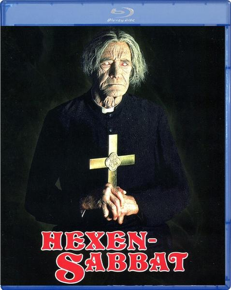 Ein Mann in schwarzer Robe hält ein goldenes Kreuz. Der Filmtitel "HEXEN-SABBAT" steht in roten Buchstaben darunter. Der Hintergrund ist dunkel.
