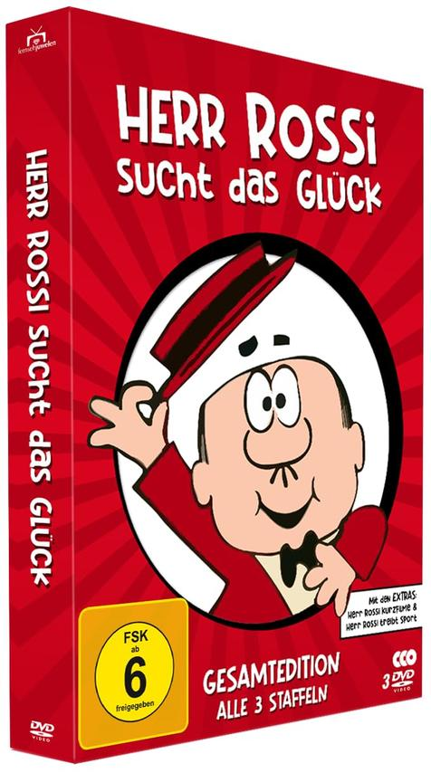 DVD-Box. Cartoonfigur Herr Rossi in rotem Anzug und Hut, greift nach seinem Hut. Der Titel lautet 'Herr Rossi sucht das Glück'.