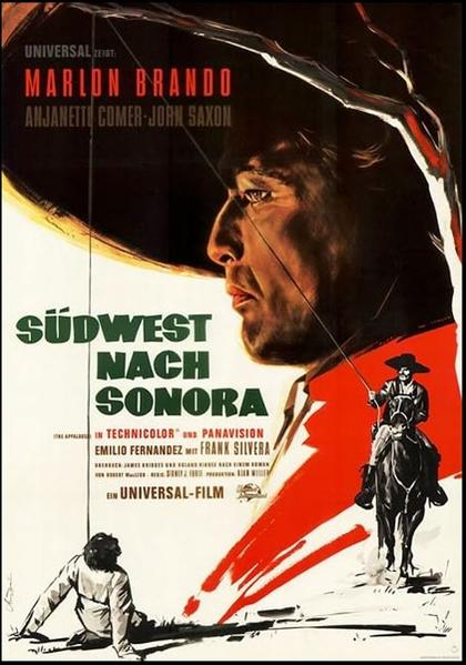 Filmposter. Marlon Brandos Profil dominiert das Bild. Ein Reiter auf einem Pferd, ein Mann am Boden und deutscher Text sind sichtbar.