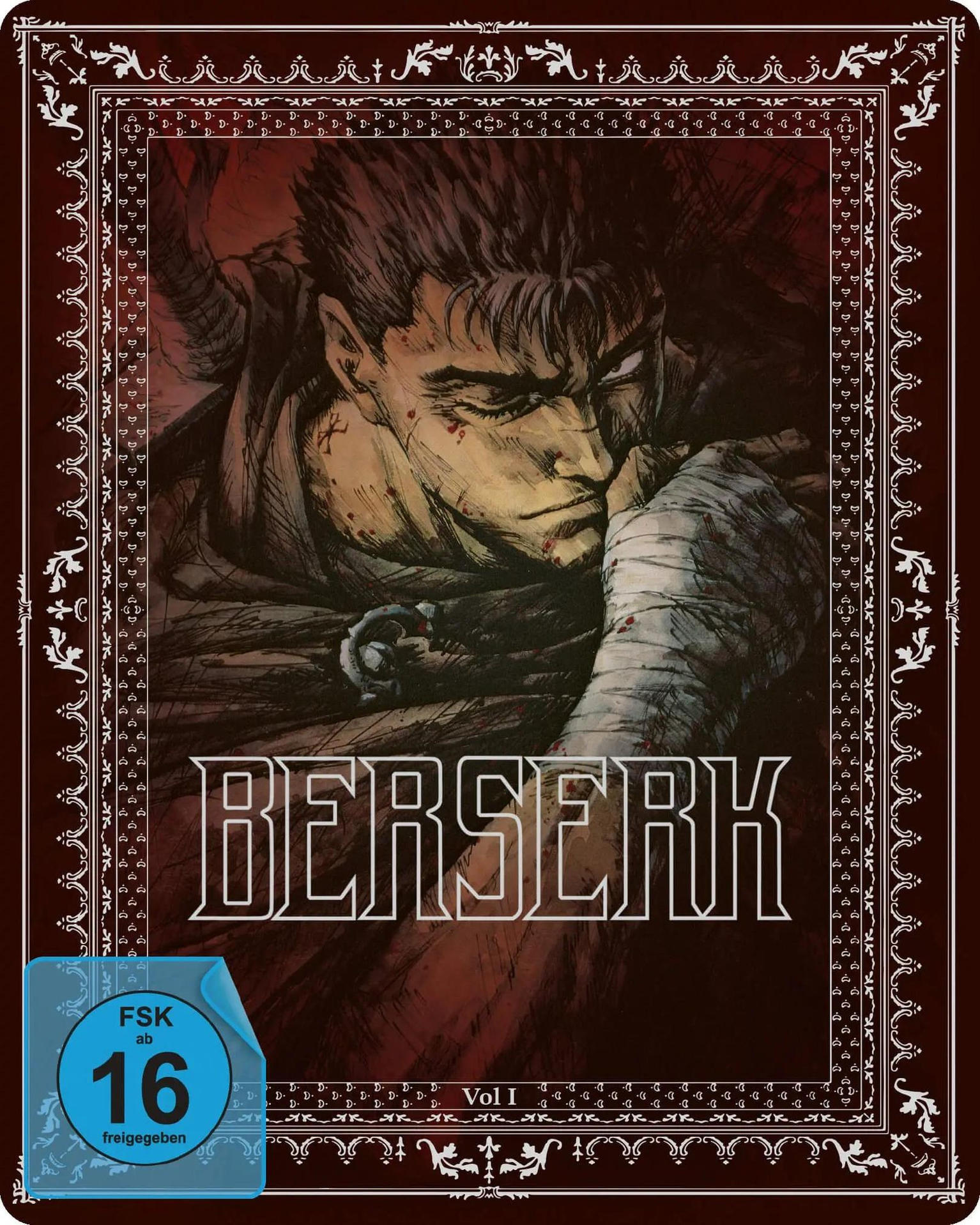 Das Bild zeigt ein Manga-Cover. Es zeigt einen Mann mit gewickeltem Arm. Der Titel 'BERSERK' steht unten. Es hat einen FSK 16 Aufkleber.