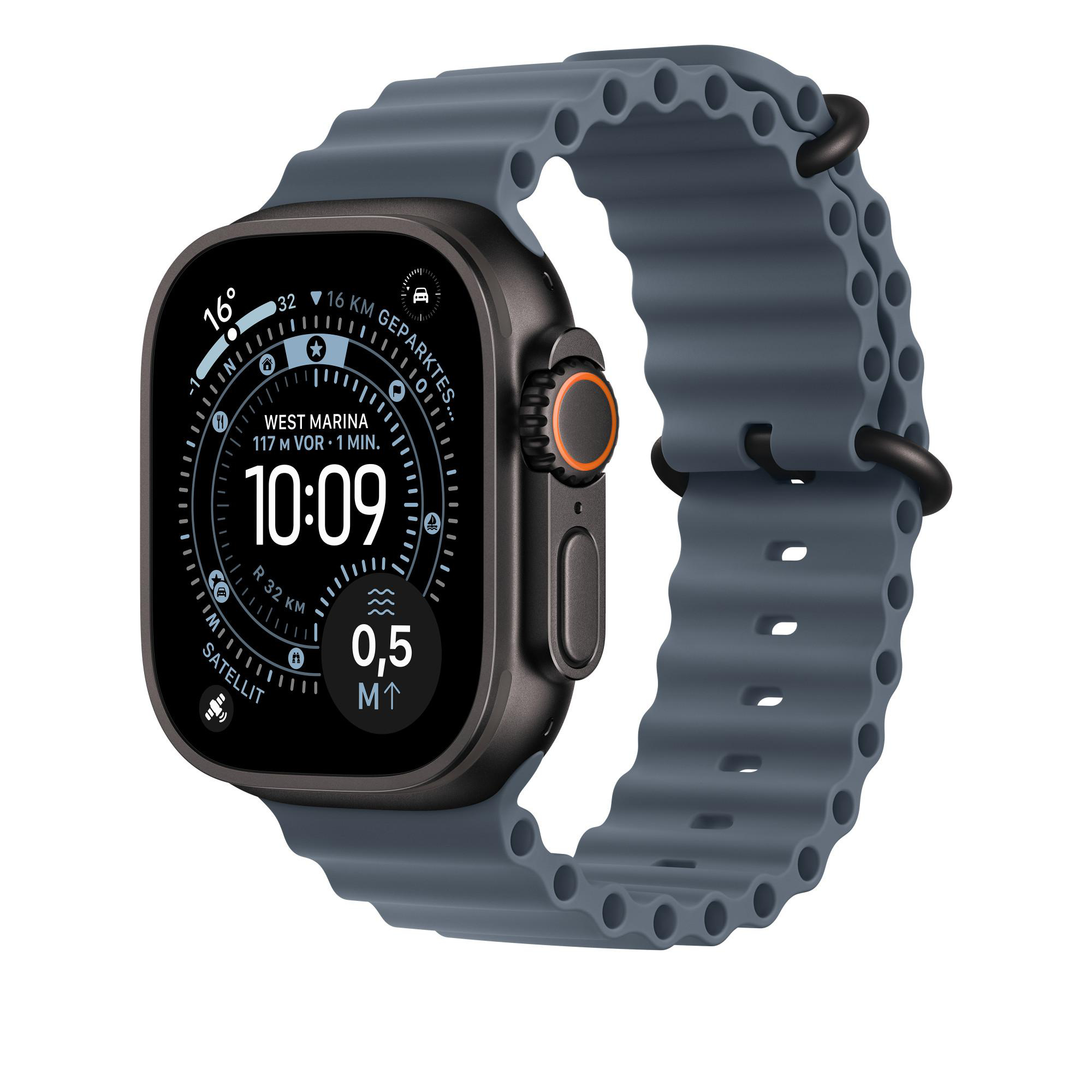 Eine graue Smartwatch mit blauem Armband zeigt 10:09. Die Uhr hat schwarze Knöpfe und ein orangefarbenes Zifferblatt.