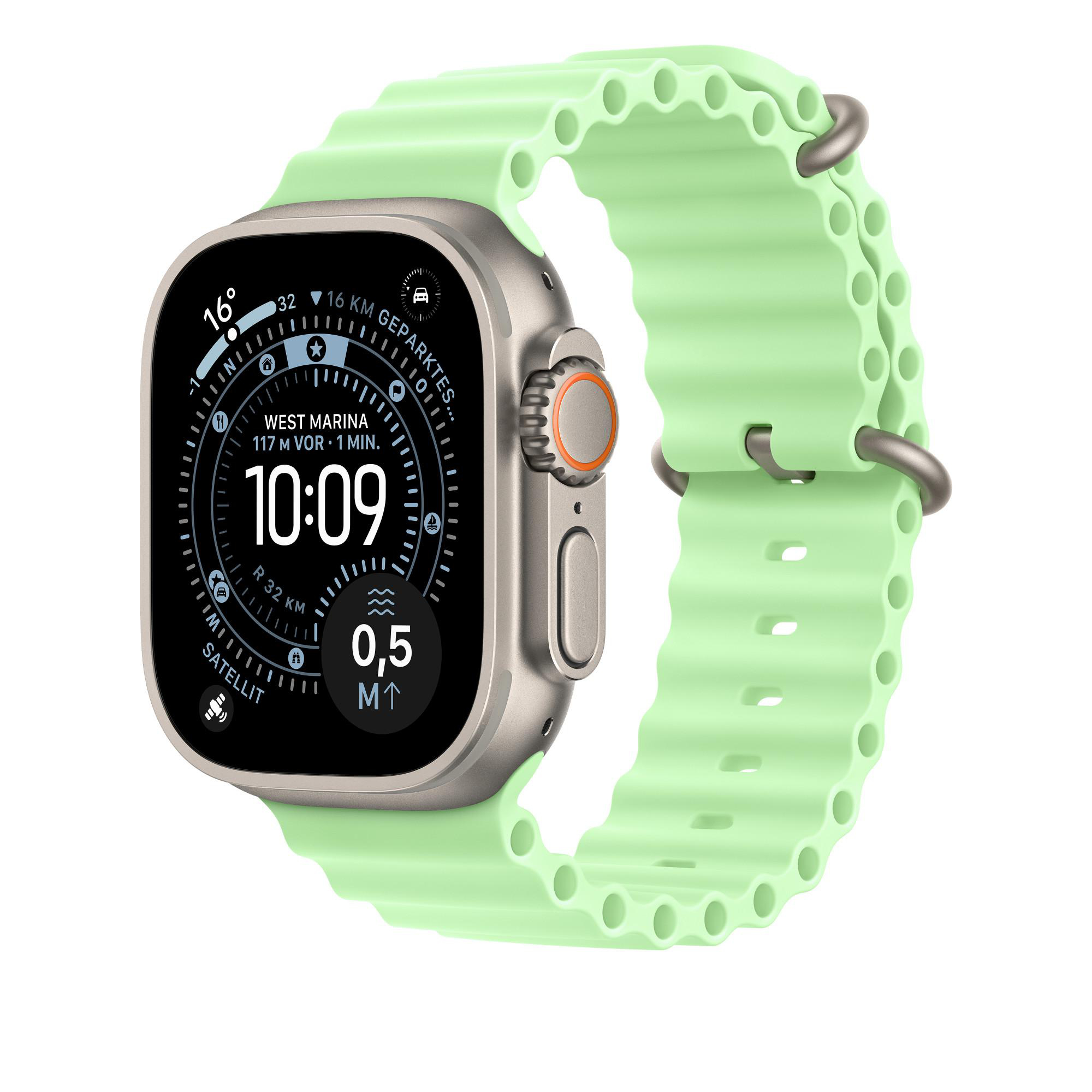Eine Smartwatch mit hellgrünem Armband zeigt Uhrzeit, Temperatur und Standort auf dem Bildschirm.