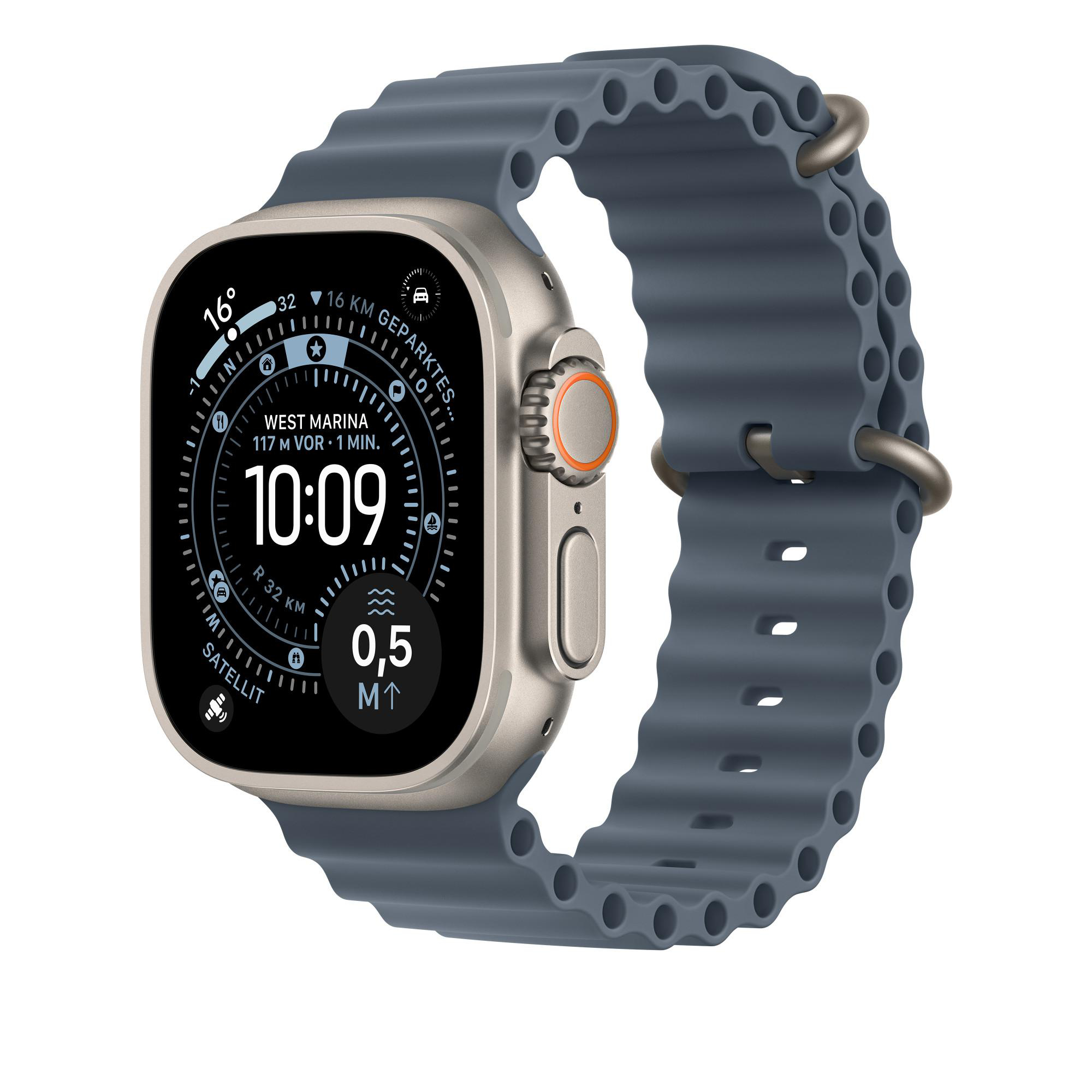 Eine silberne Smartwatch mit blauem Armband zeigt Zeit, Temperatur und andere Daten an. Das Armband ist blau, die Uhrzeit ist 10:09.