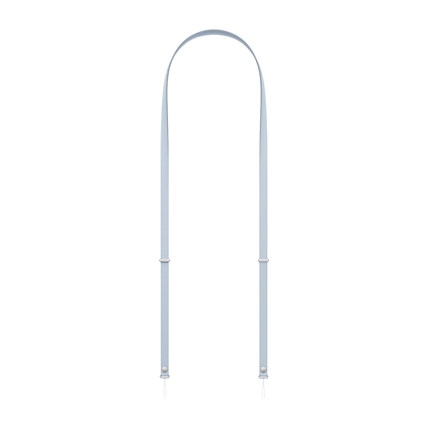 Une sangle d'appareil photo bleu clair est suspendue verticalement. La sangle a des curseurs métalliques et une petite boucle en bas.