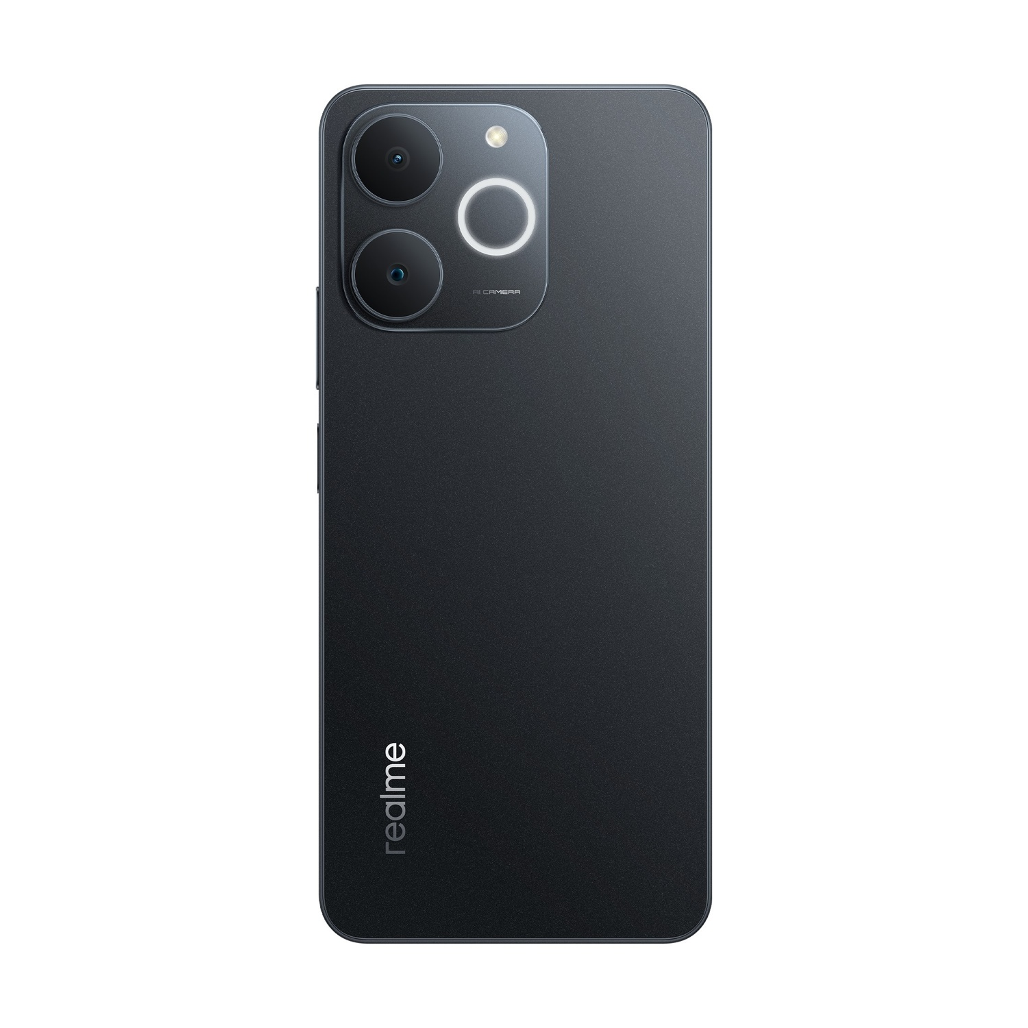 Vista posteriore di uno smartphone Realme nero, con modulo fotocamera a tre lenti, flash e logo Realme.