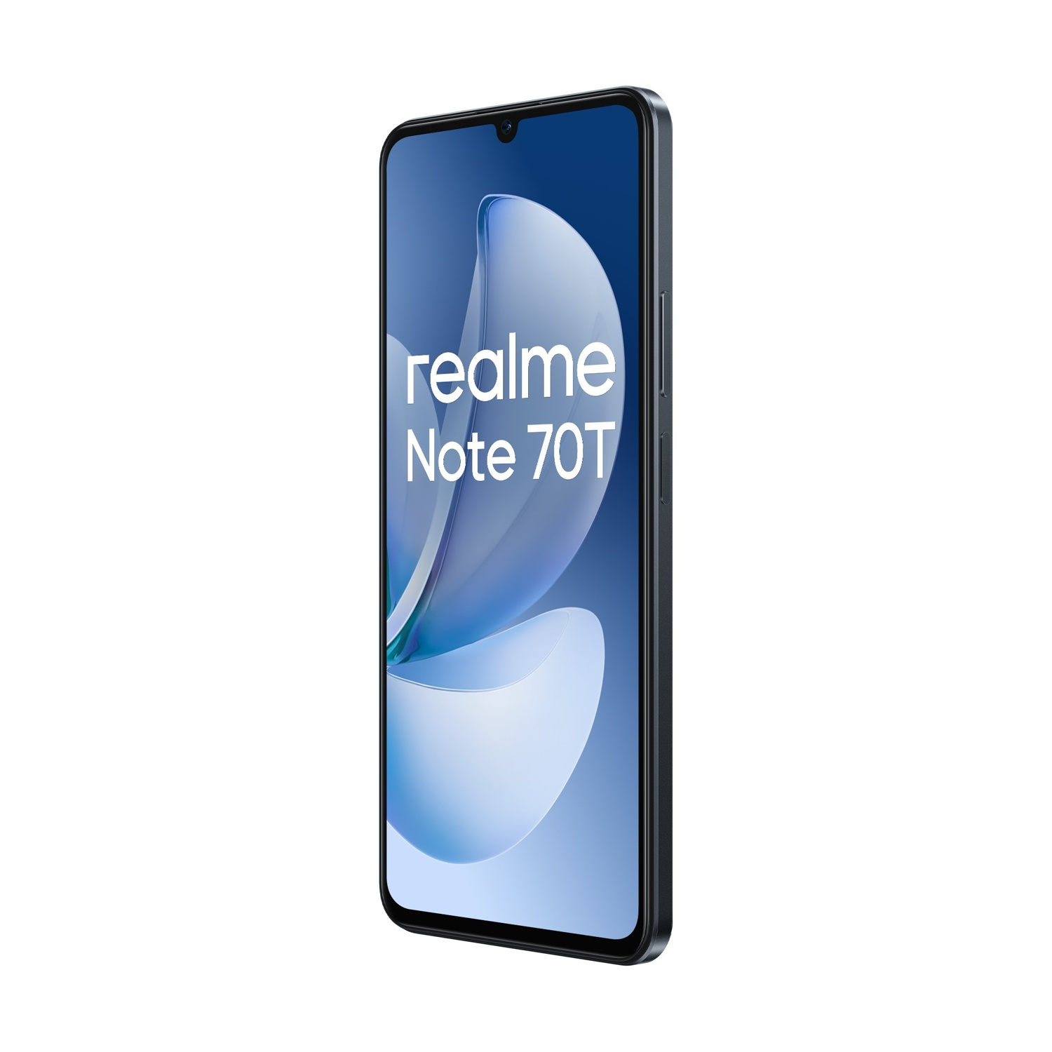 Uno smartphone con schermo che mostra le parole 'realme Note 70T' su sfondo bianco. Il telefono è nero e angolato.