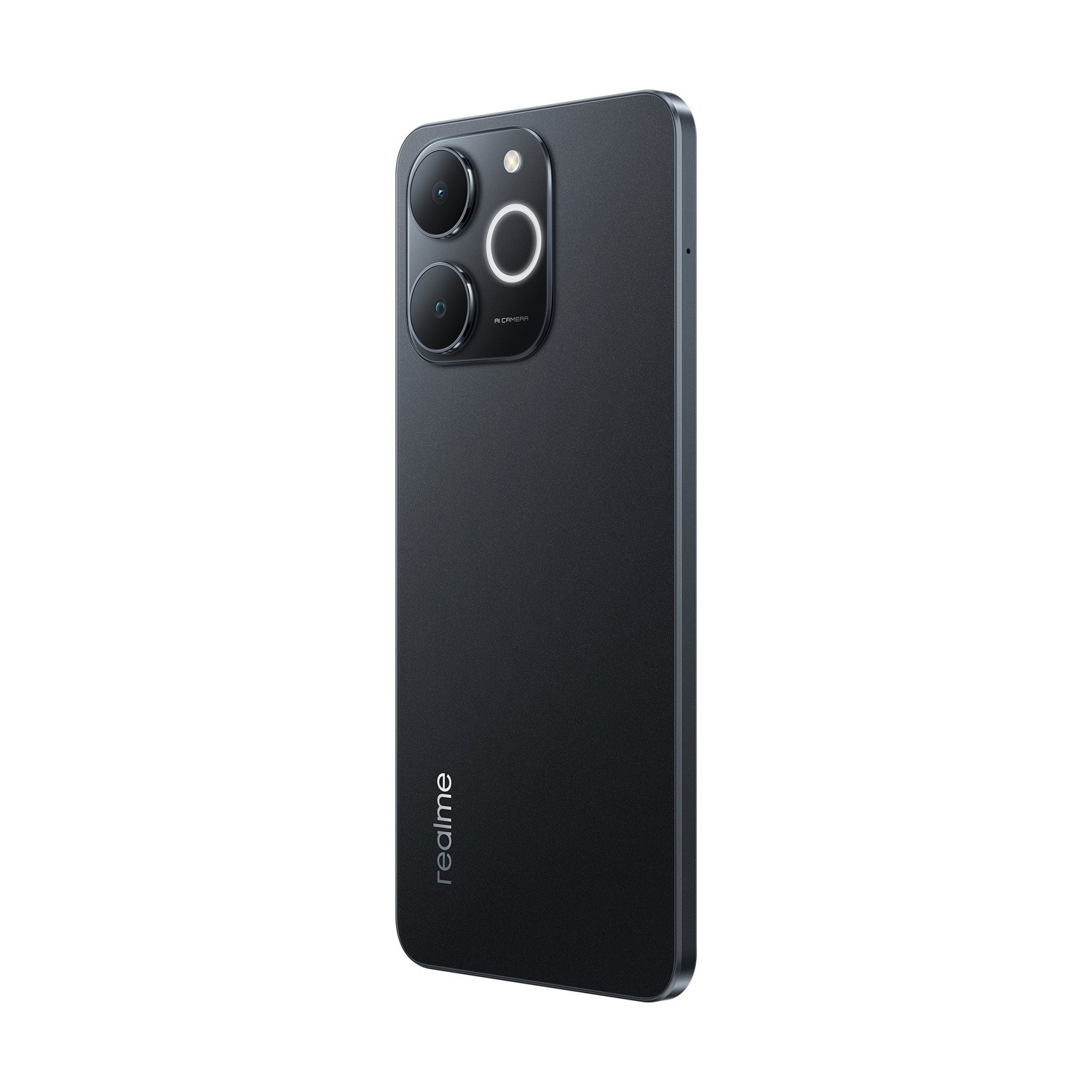 Uno smartphone Realme grigio scuro. Tre fotocamere visibili sul retro con flash. Il logo Realme è sul retro.