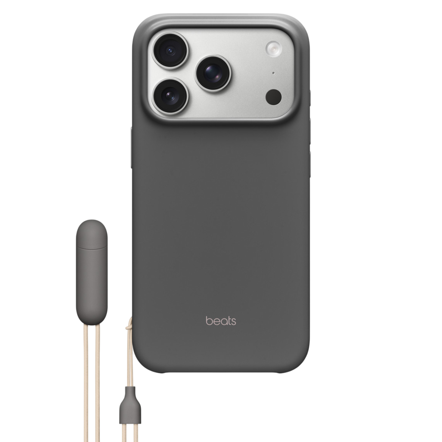 Een grijze telefoonhoes met zilveren camera-array. Grijze oplaadkabel en grijze oortelefoon links. 'beats' logo.