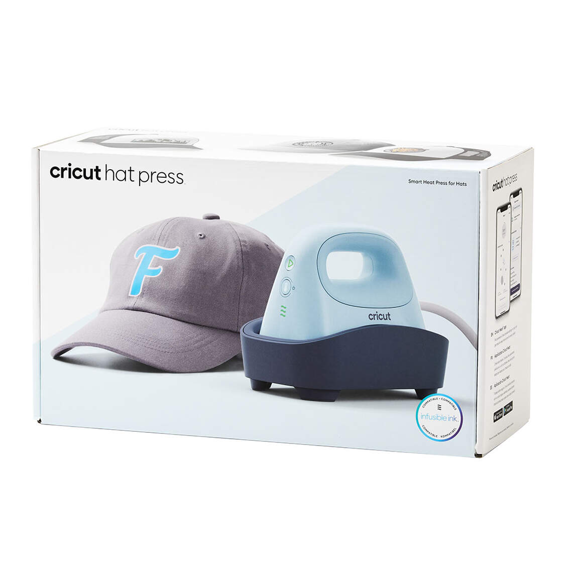 Karton mit einer Cricut-Hutpresse, einem grauen Hut mit blauem 'F' und einer hellblauen Hitzepresse. Text: 'Smart Heat Press for Hats'.