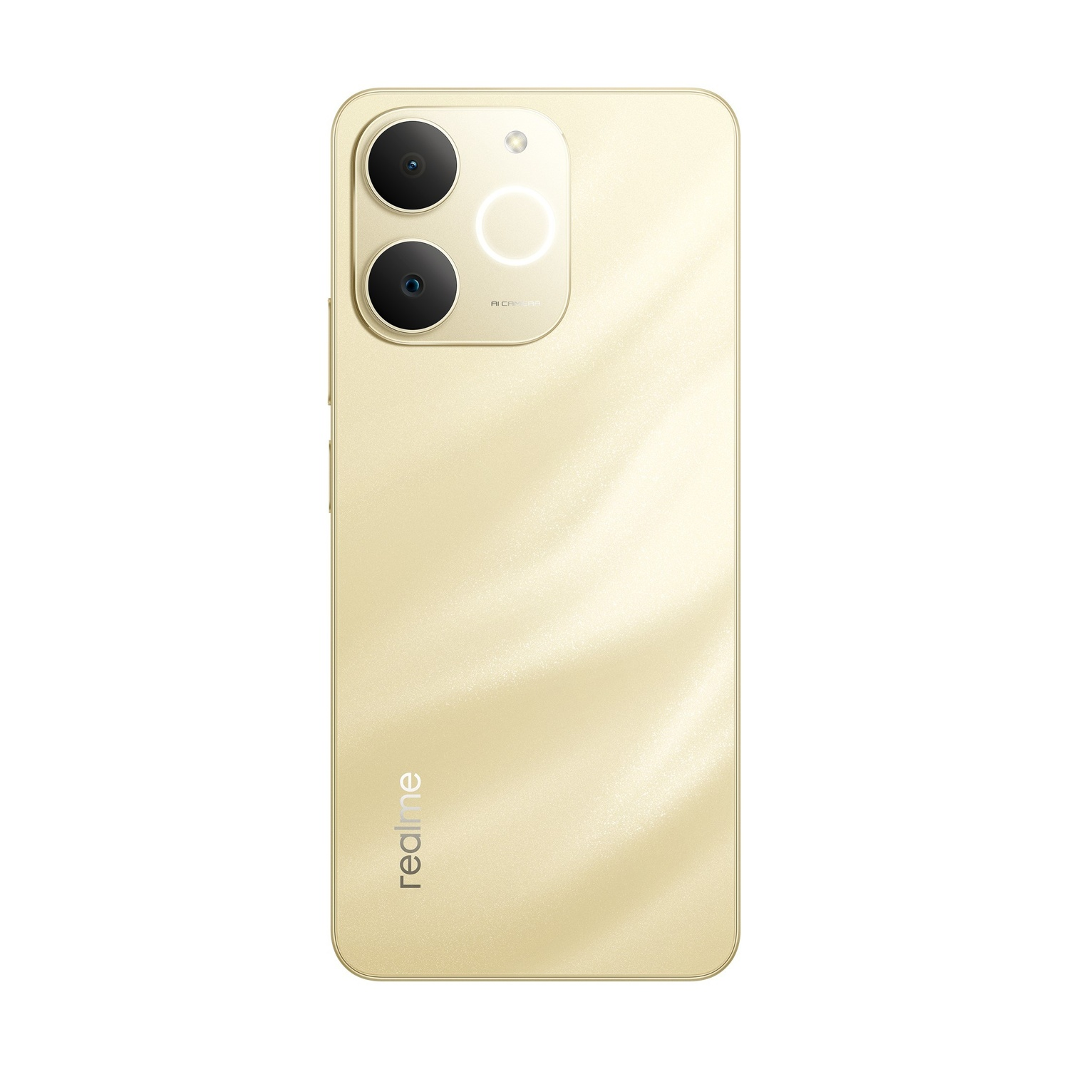 Retro di smartphone dorato con due lenti della fotocamera, un flash e la scritta 'realme'. Il telefono ha una superficie strutturata.