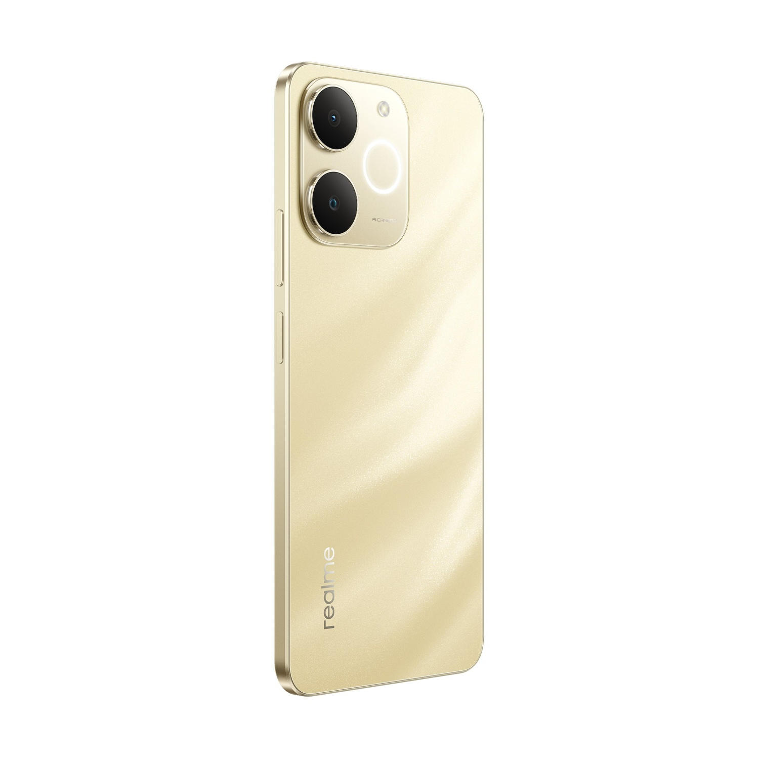 Uno smartphone Realme dorato, leggermente angolato. Ha doppie fotocamere posteriori, un retro liscio e il logo Realme. Isolato su bianco.