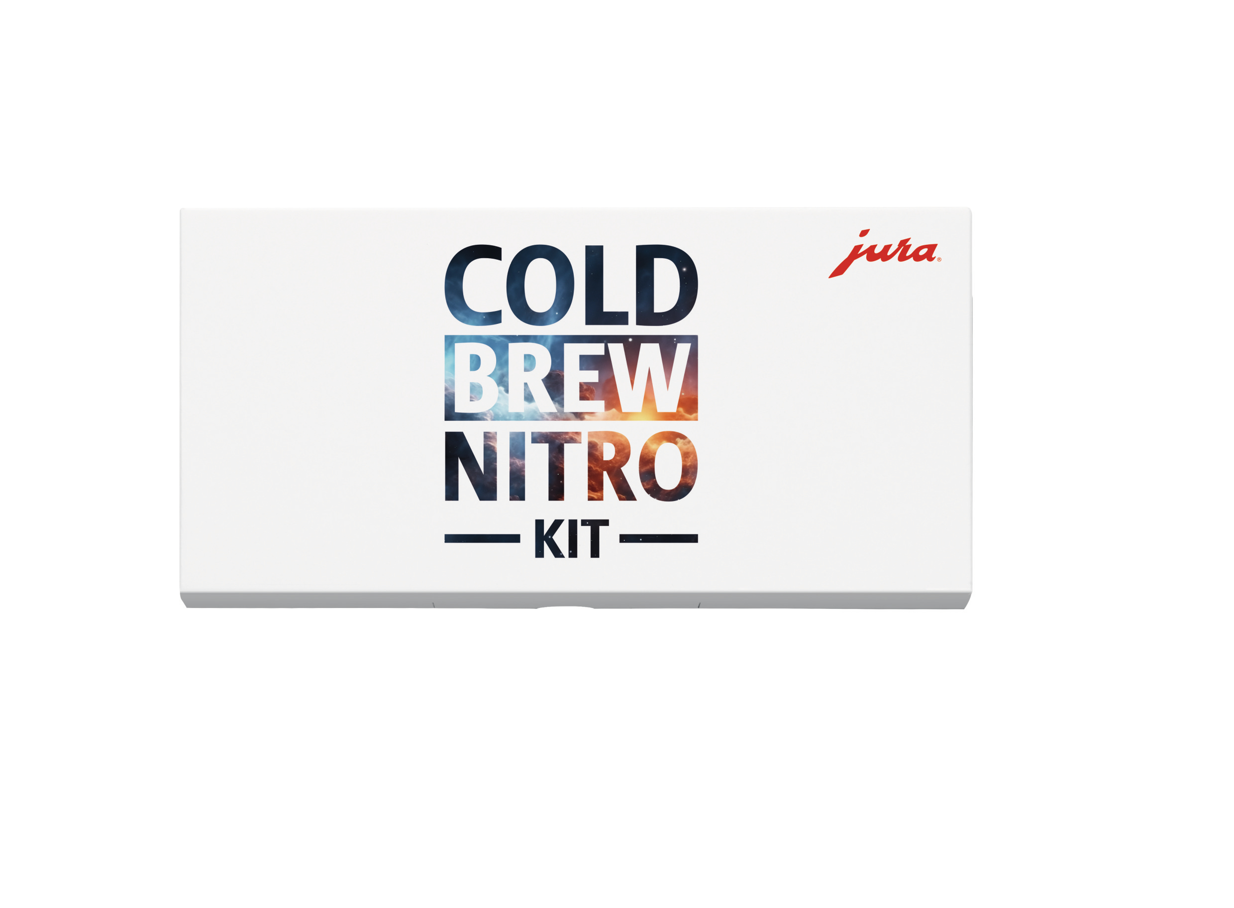 Eine weiße Box mit der Aufschrift 'COLD BREW NITRO KIT'. Das Jura-Logo befindet sich oben rechts. Der Hintergrund ist weiß.