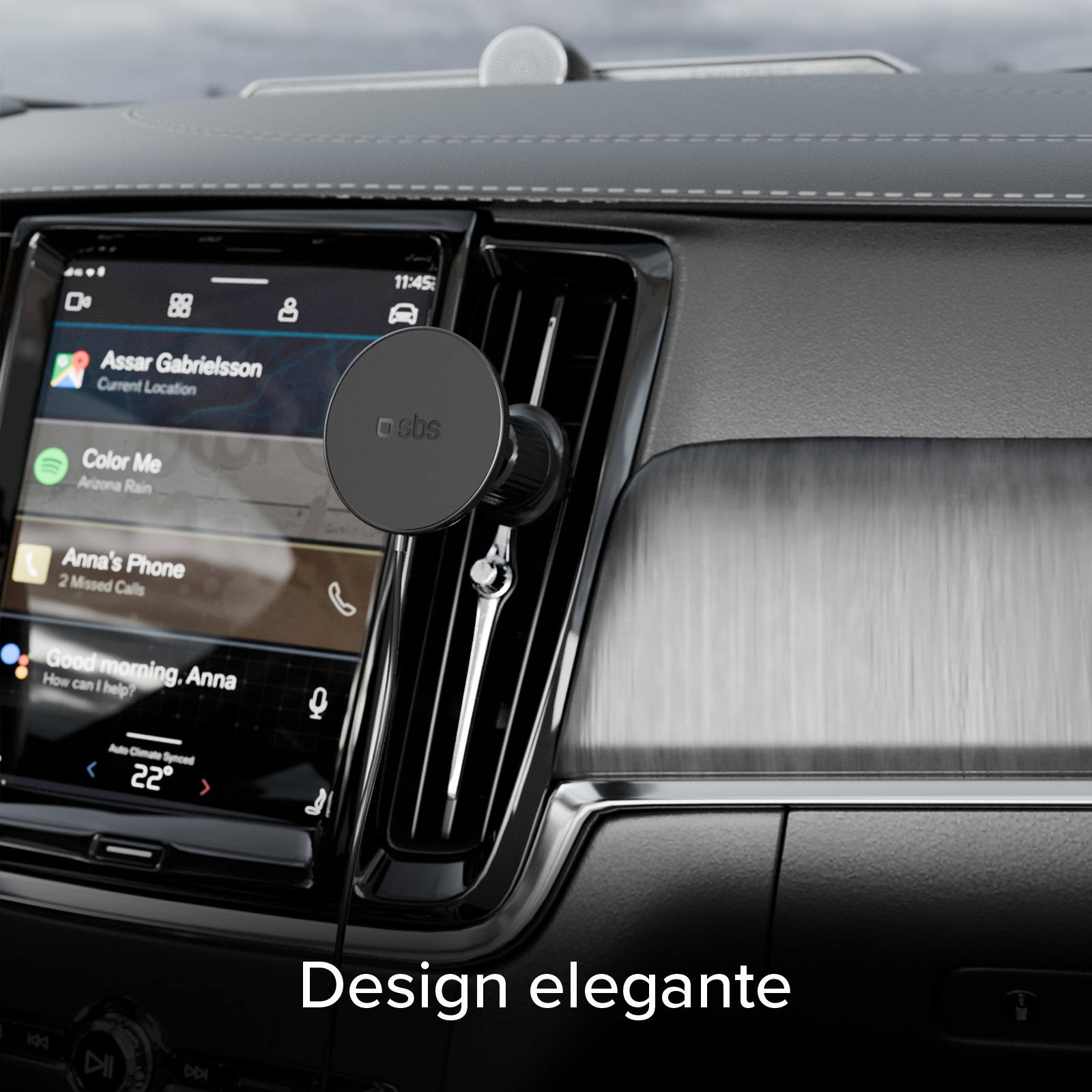 Autointerieur mit Telefonbildschirm, der Apps anzeigt. Ein Telefonhalter ist an der Lüftungsöffnung montiert.
