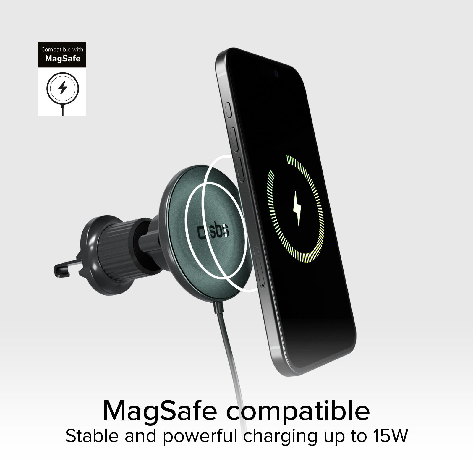 Ein schwarzes Telefon wird auf einem MagSafe-Ladegerät aufgeladen. Das Ladegerät ist an einer Lüftungsöffnung befestigt. Text: MagSafe-kompatibel.