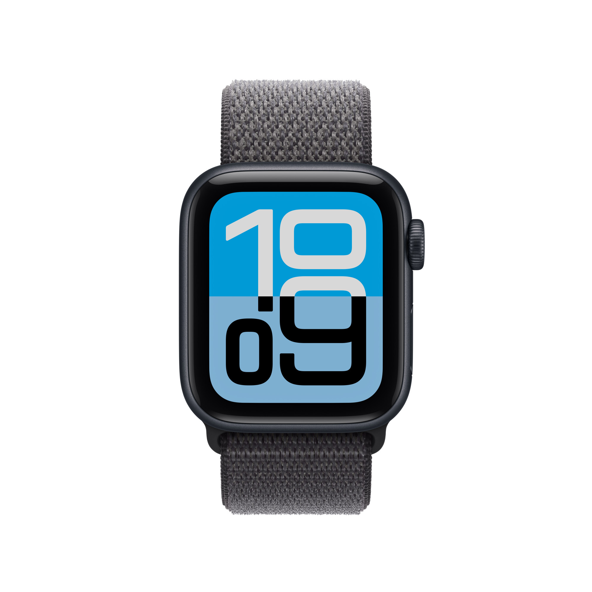 Czarny Apple Watch z szarym paskiem, wyświetlający godzinę 10:09 na niebiesko-białym tle.