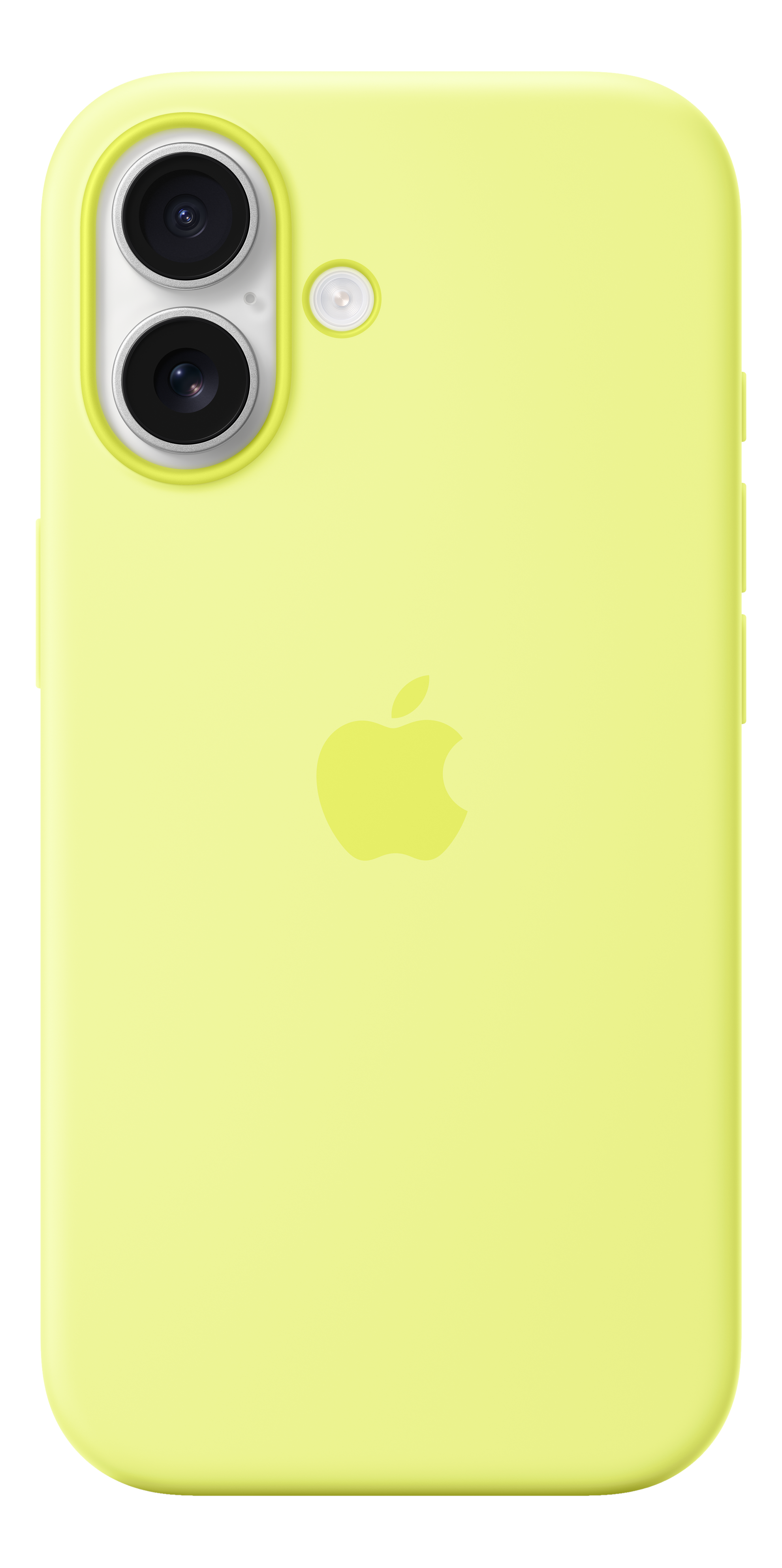 Una custodia per iPhone giallo chiaro. Ha una doppia fotocamera e un flash. Un logo Apple al centro.