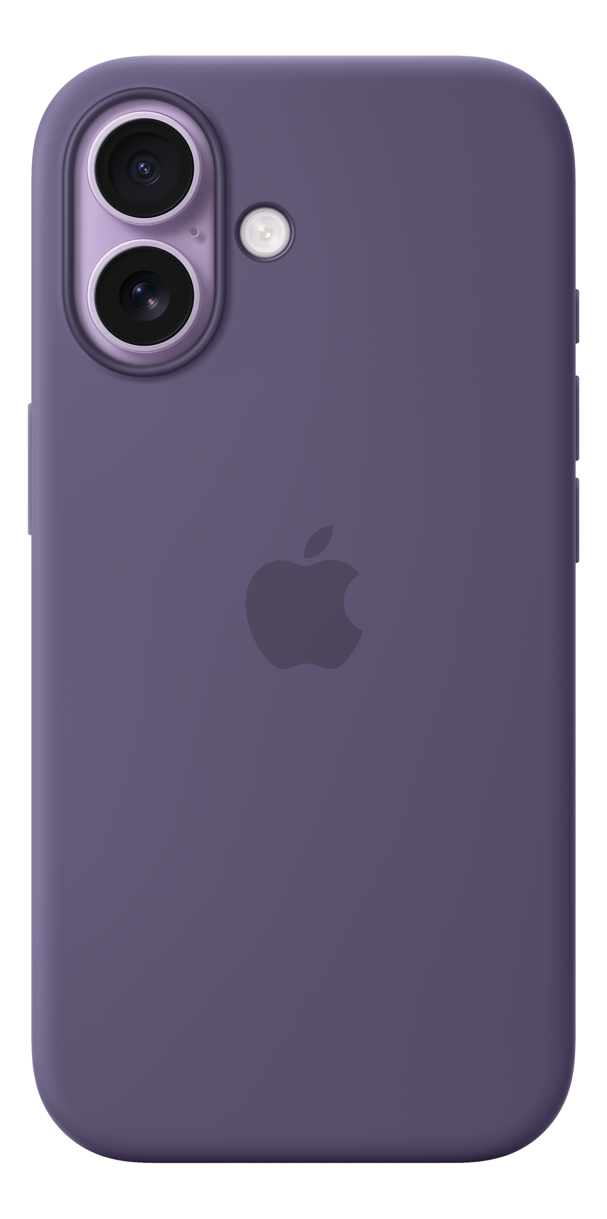 Custodia per telefono viola con logo Apple. Doppia fotocamera e flash visibili. La custodia è liscia e solida.