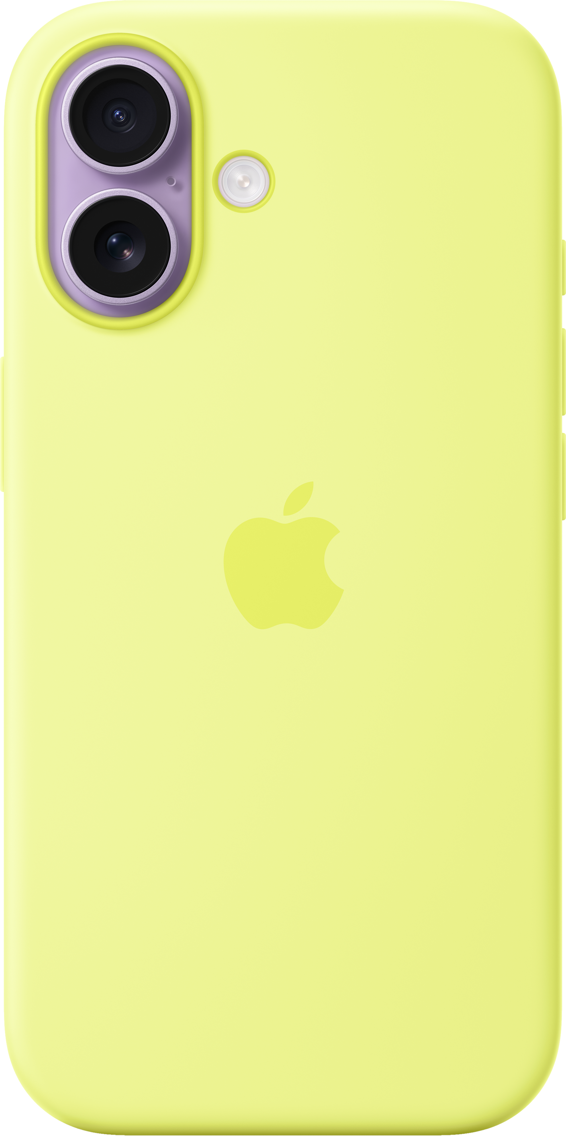 Una custodia per iPhone giallo chiaro. Ha due fotocamere, un flash e un logo Apple. Il modulo fotocamera è lavanda.