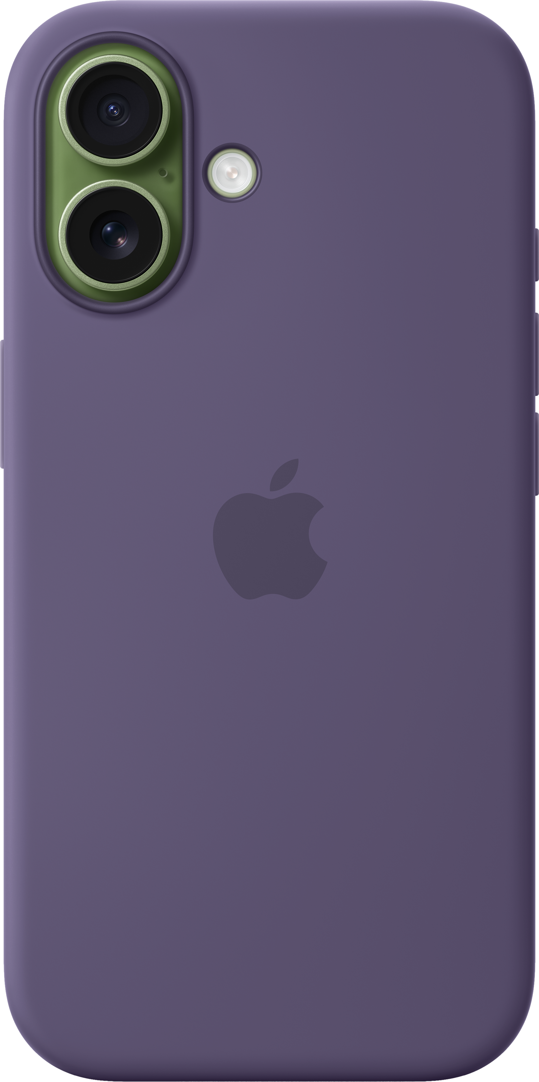 Custodia per telefono viola con doppia fotocamera e flash. Caratterizzata dal logo Apple. La custodia è liscia e ha angoli arrotondati.