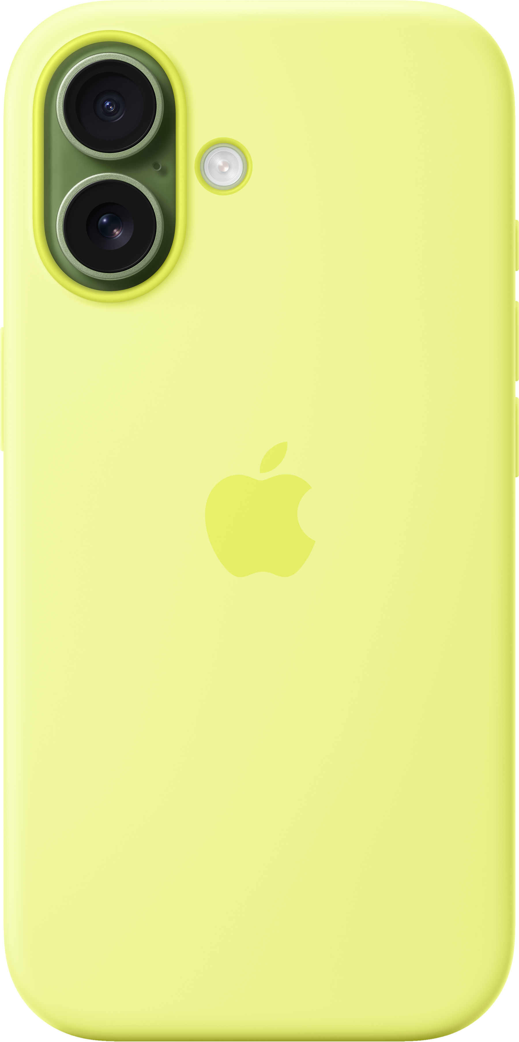 Retro di iPhone giallo chiaro. Presenta doppia fotocamera, flash e logo Apple. Lo sfondo è nero.