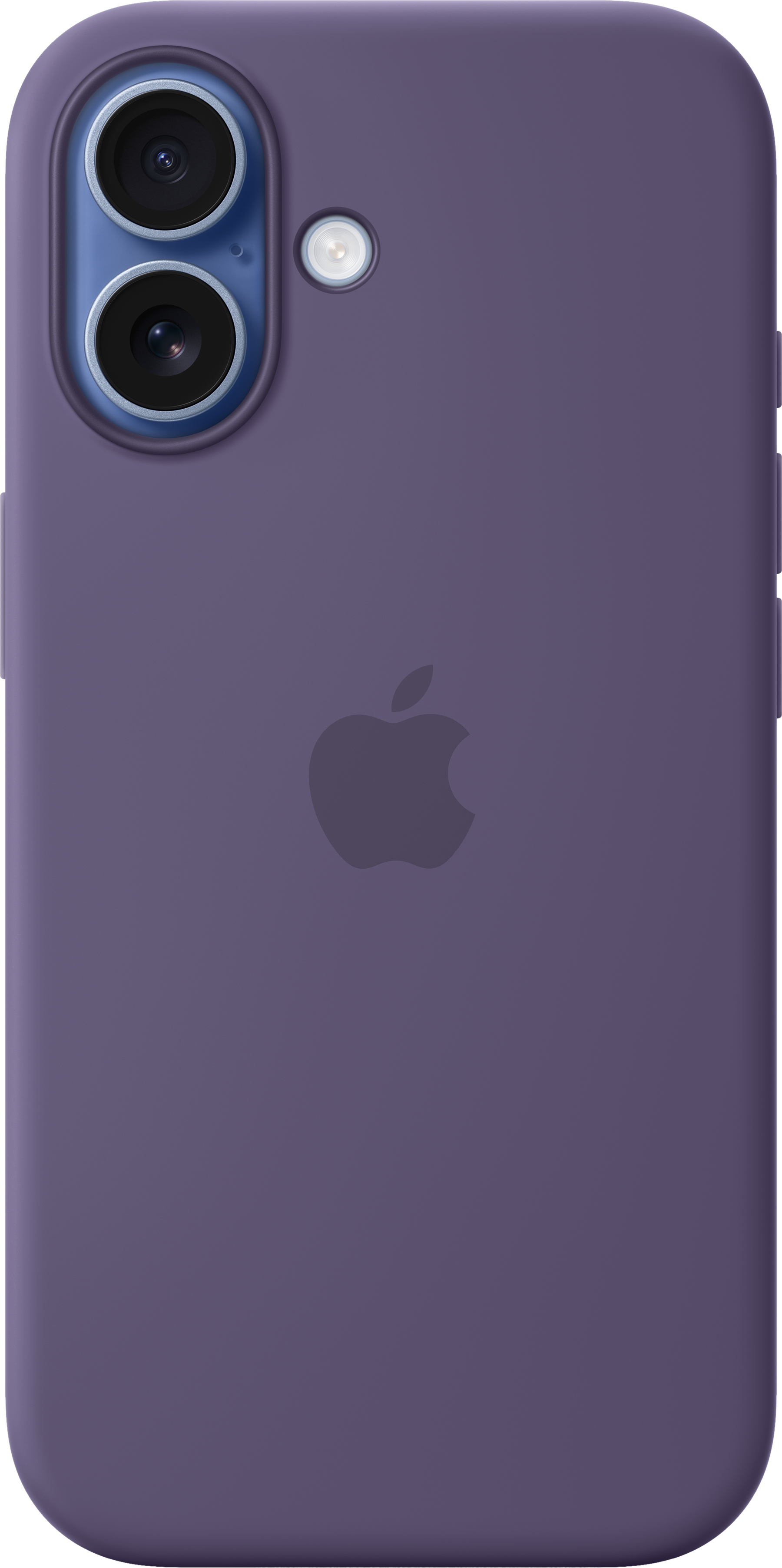 Custodia per telefono viola con logo Apple. Due obiettivi della fotocamera e un flash sono visibili.