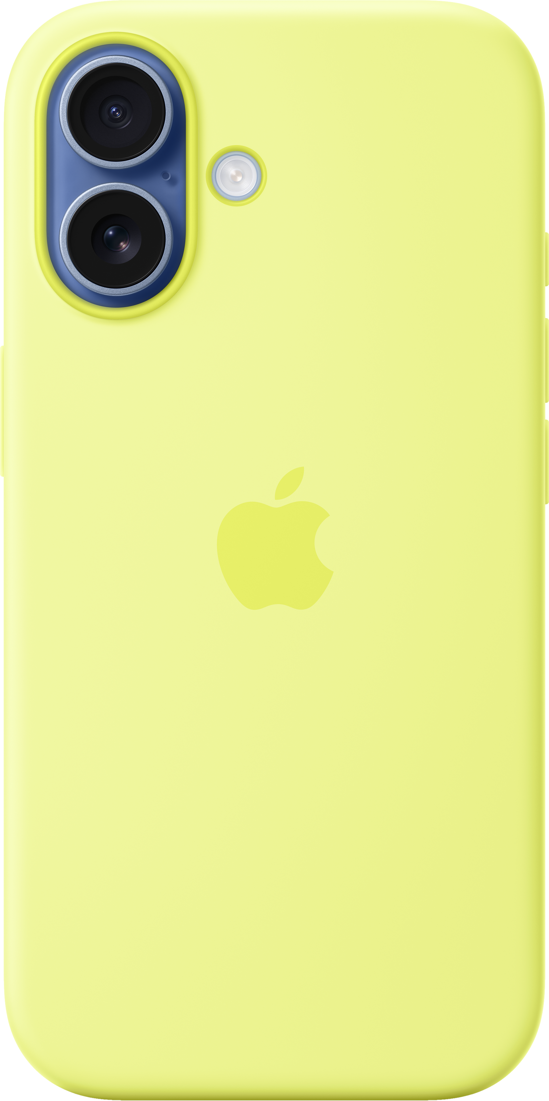 Una custodia per iPhone giallo pallido con il logo Apple. Ha due obiettivi della fotocamera e un flash in alto a sinistra.