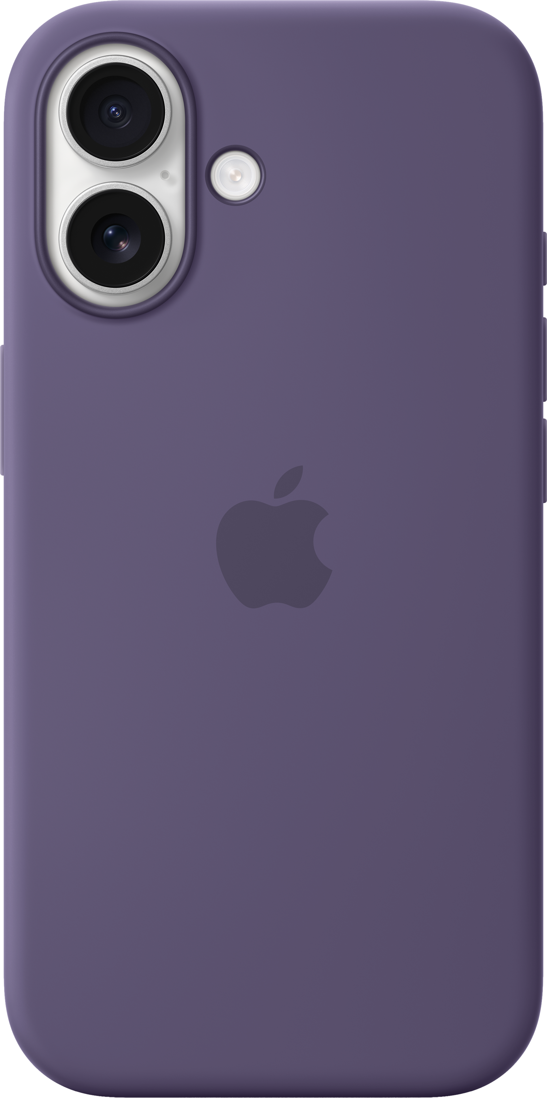 Una custodia per telefono viola con il logo Apple. Ha ritagli per la fotocamera in alto, con un flash e due lenti.