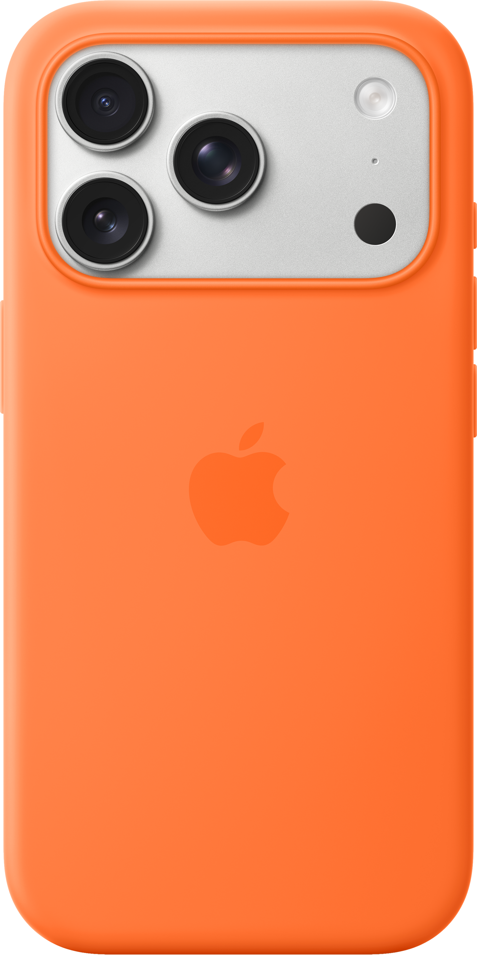 Eine orangefarbene iPhone-Hülle. Sie hat ein Kamera-Array mit drei Objektiven, einem Blitz und einem schwarzen Punkt. Unten befindet sich ein Apple-Logo.