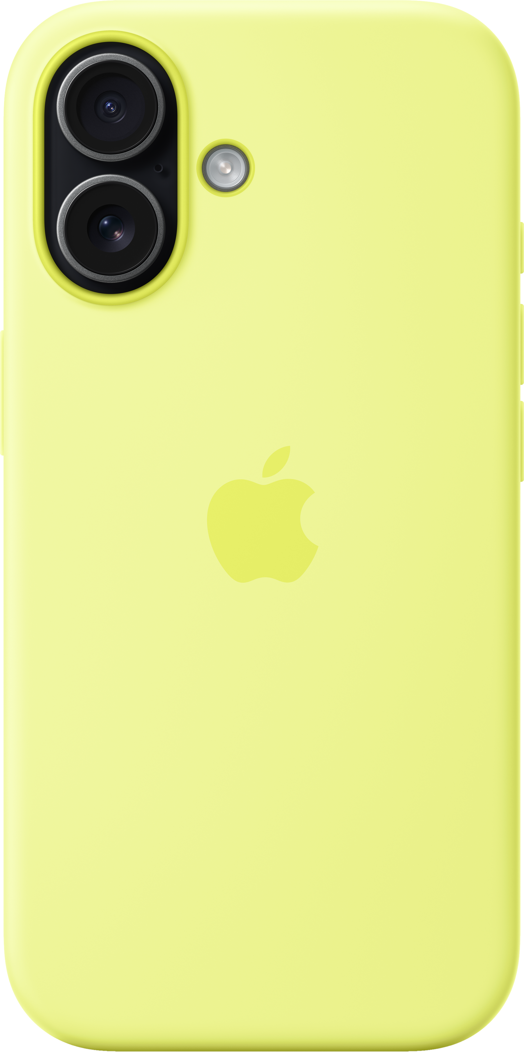 Una custodia per telefono giallo chiaro con logo Apple. Ha due lenti della fotocamera e un flash. La custodia è liscia e semplice.