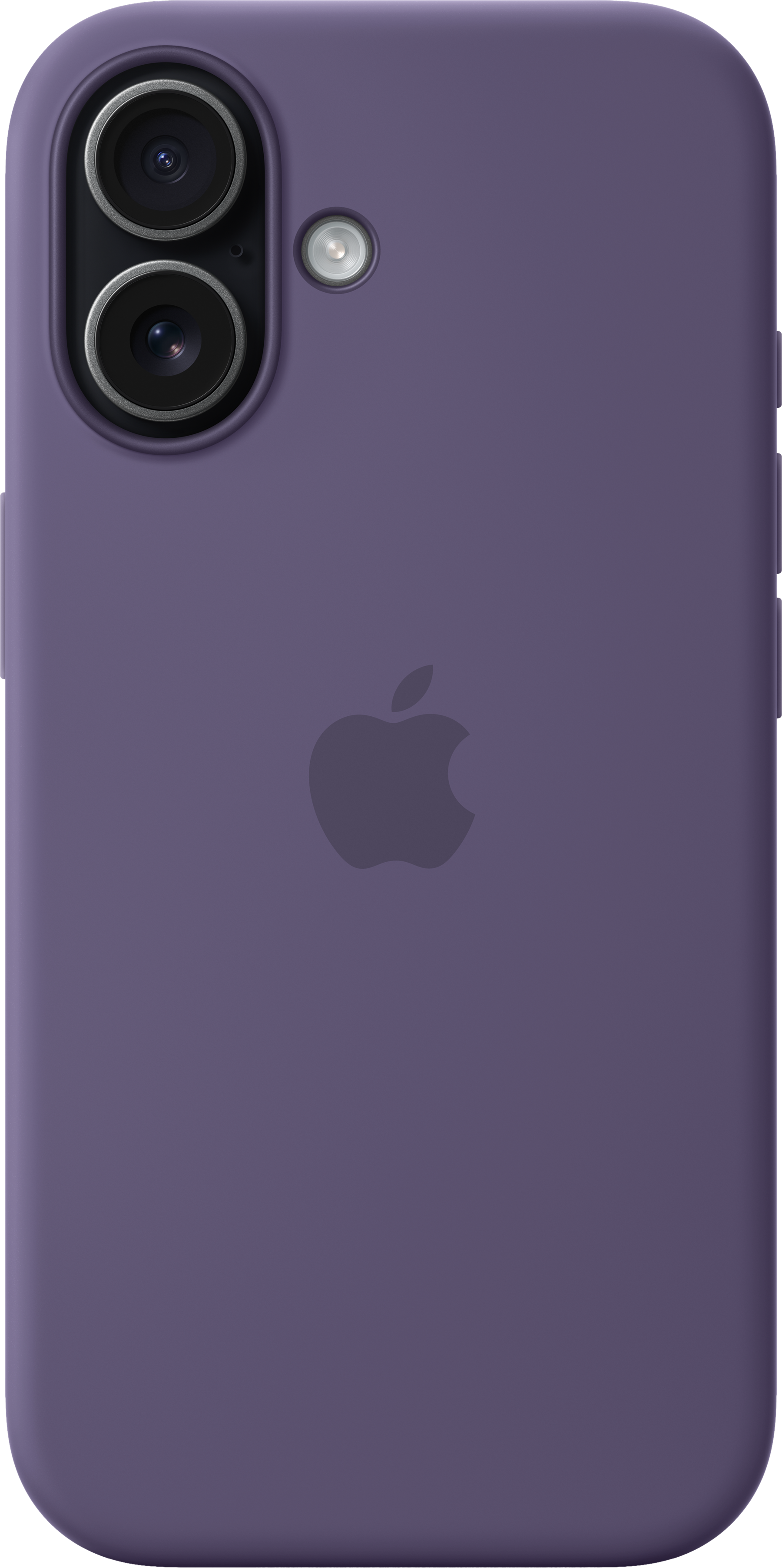 Custodia per telefono viola con lenti della fotocamera e logo Apple. Ha una consistenza liscia e un design minimalista.