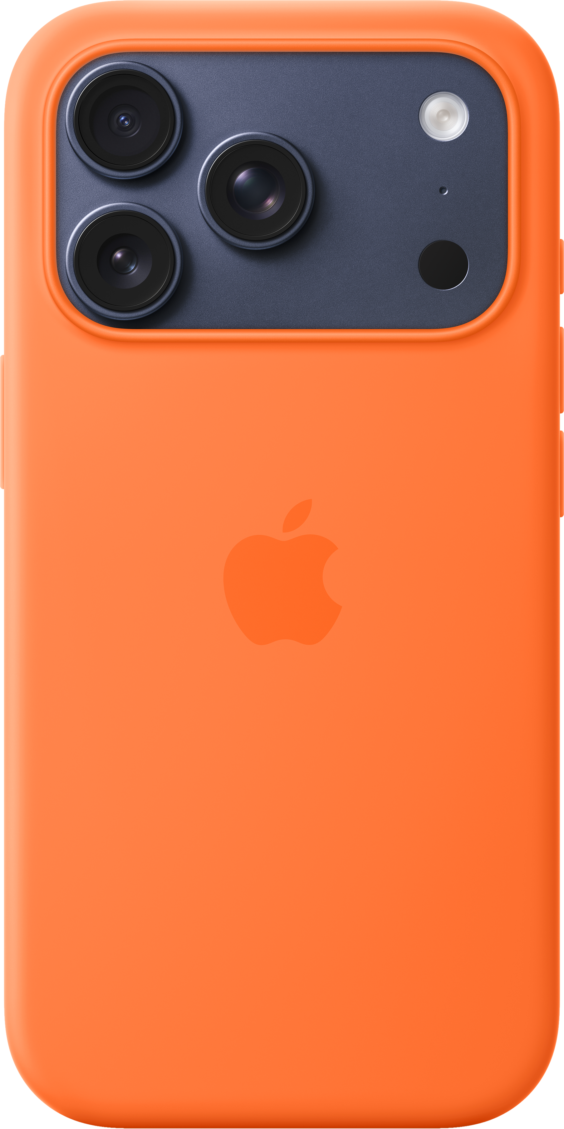 Orange iPhone-Hülle mit Dreifachkamera, Blitz und Apple-Logo. Dunkelblauer Kamerabereich. Schlichtes, klares Design.