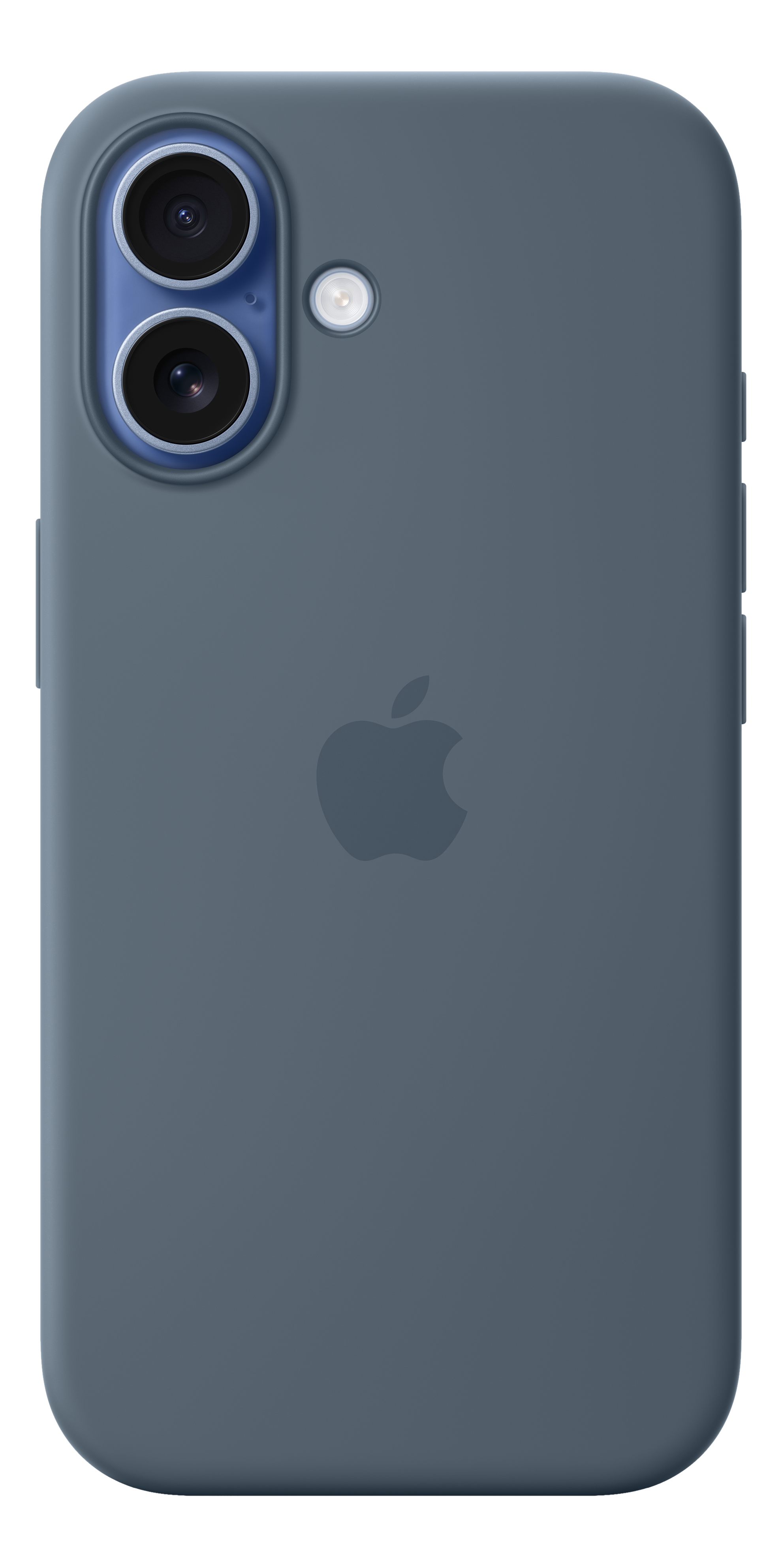 Una custodia blu scuro con logo Apple. Sul retro il logo Apple. Doppia fotocamera e flash in alto.