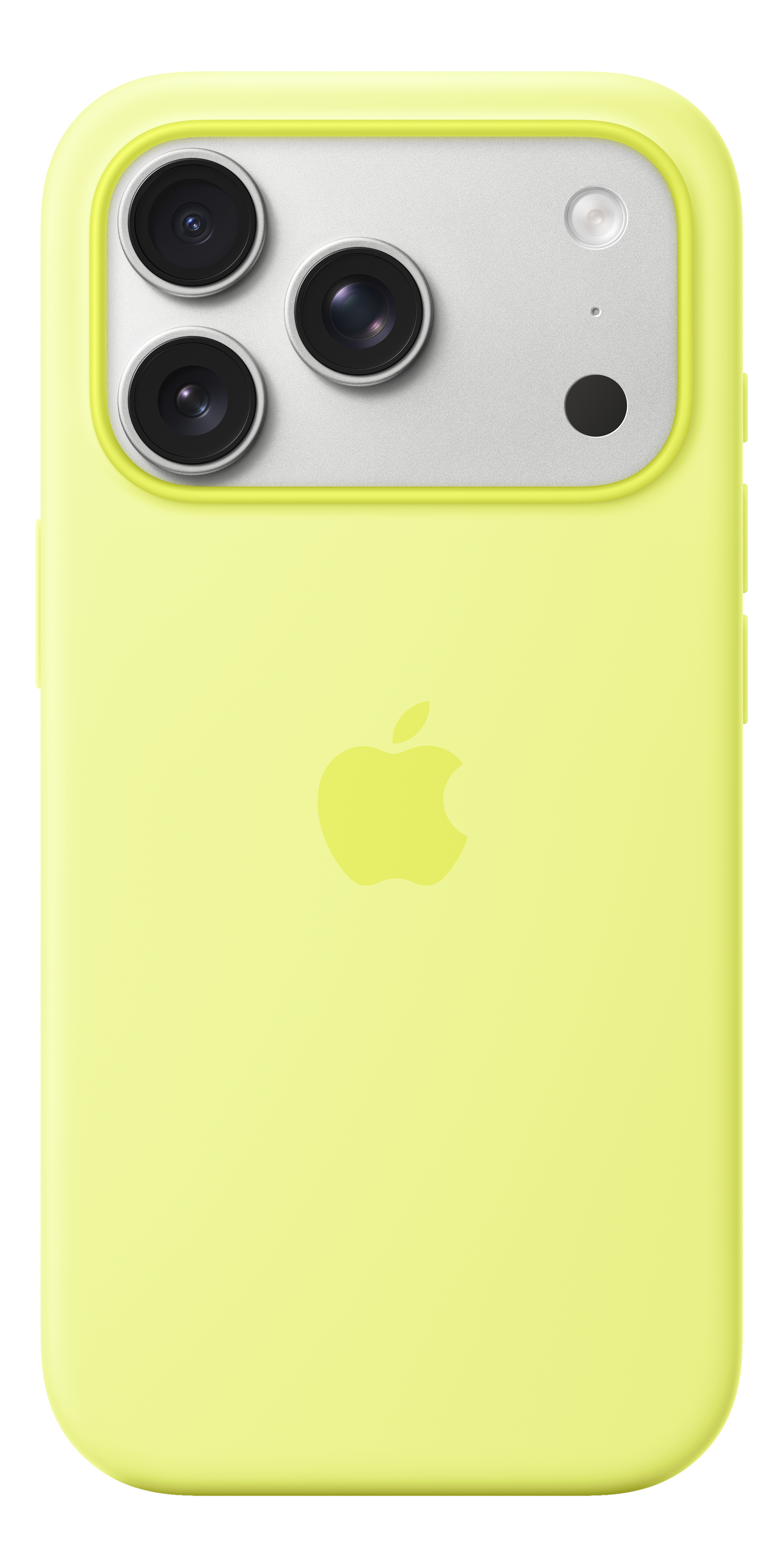 iPhone giallo in una custodia gialla. Ha tre fotocamere e un logo Apple. Lo sfondo è nero.