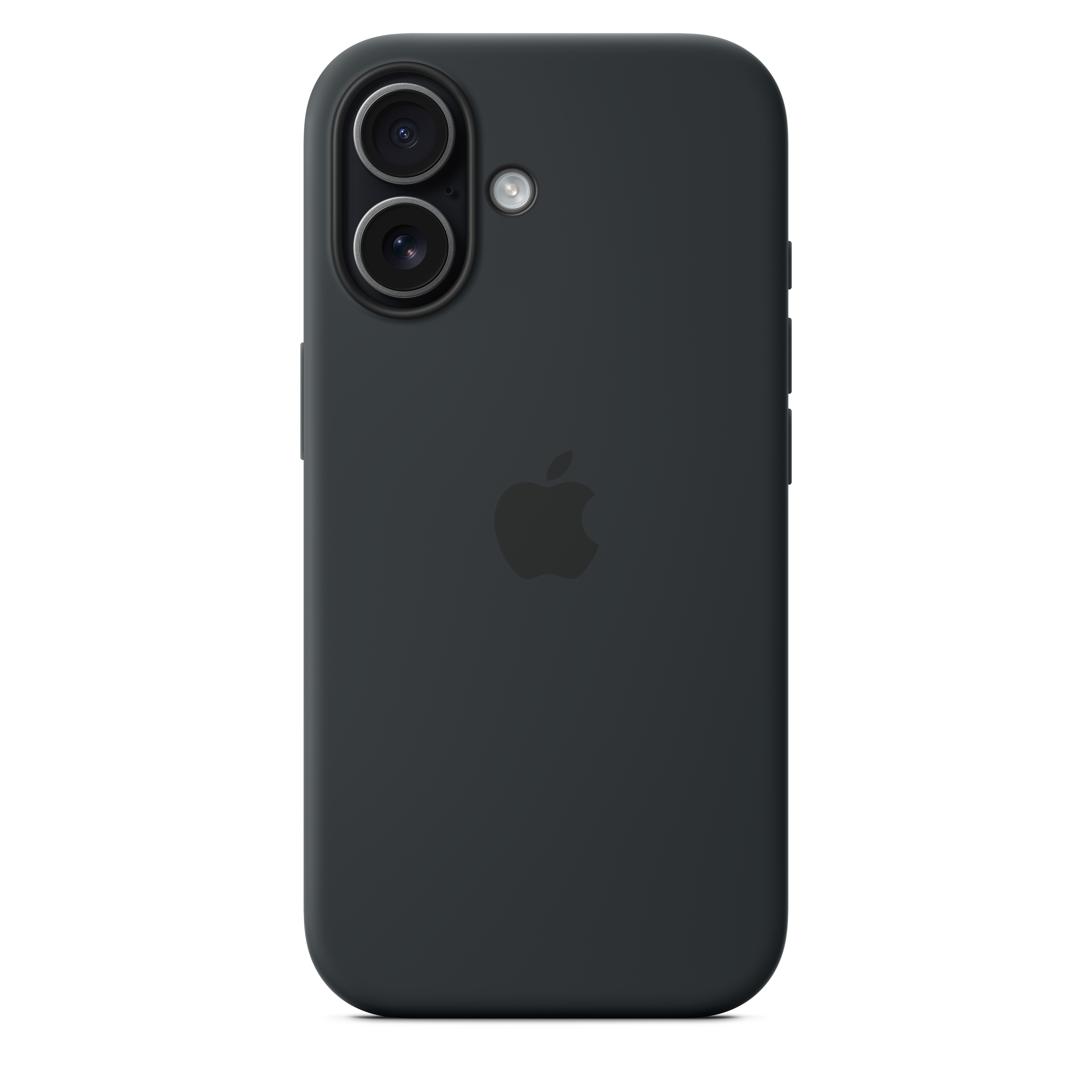 Eine dunkelgraue iPhone-Hülle mit zwei Kameralinsen und Apple-Logo auf schwarzem Hintergrund.