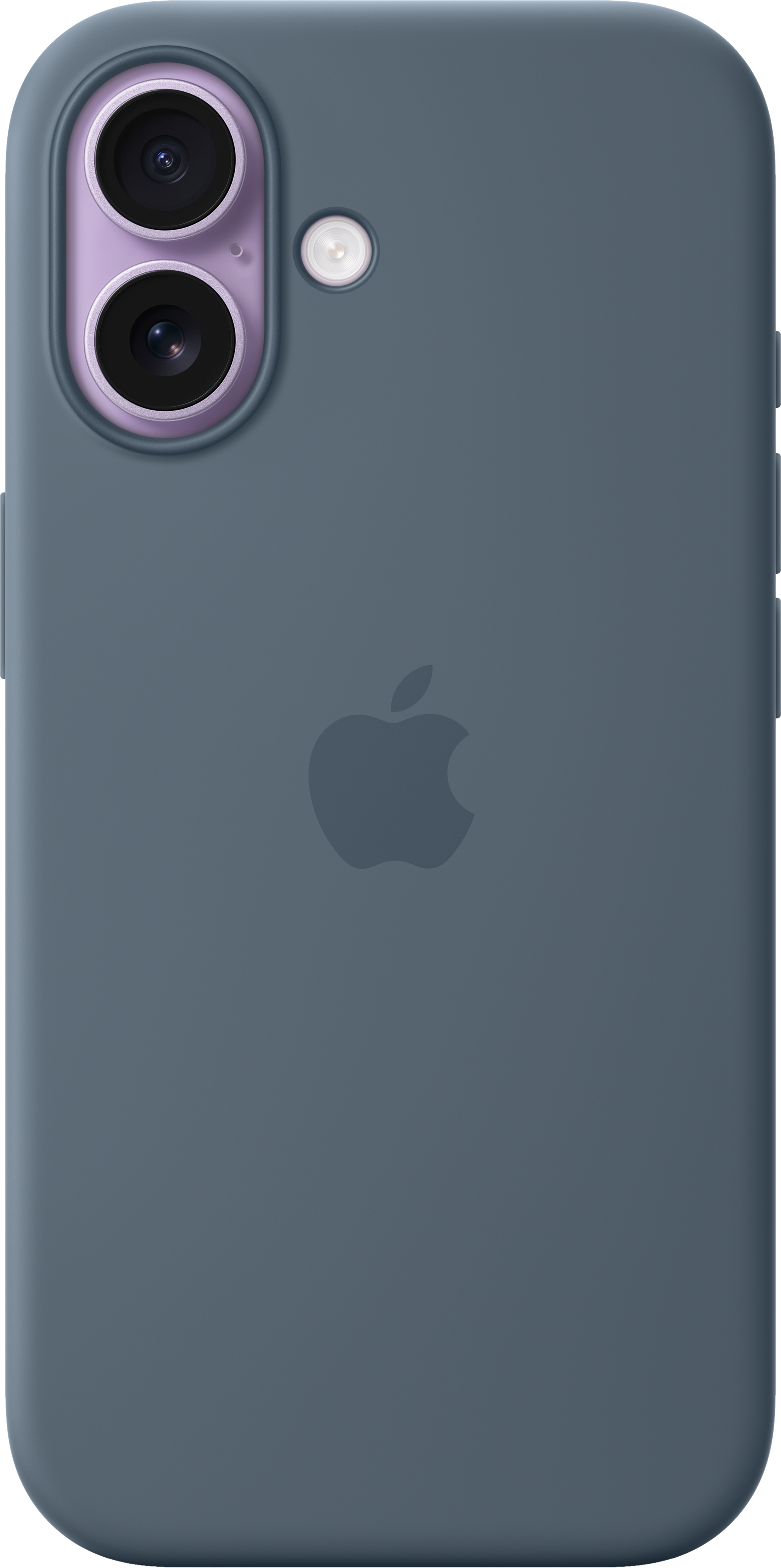 Una custodia per telefono grigio scuro con il logo Apple. Ha un sistema a doppia fotocamera e un flash. La custodia è liscia.