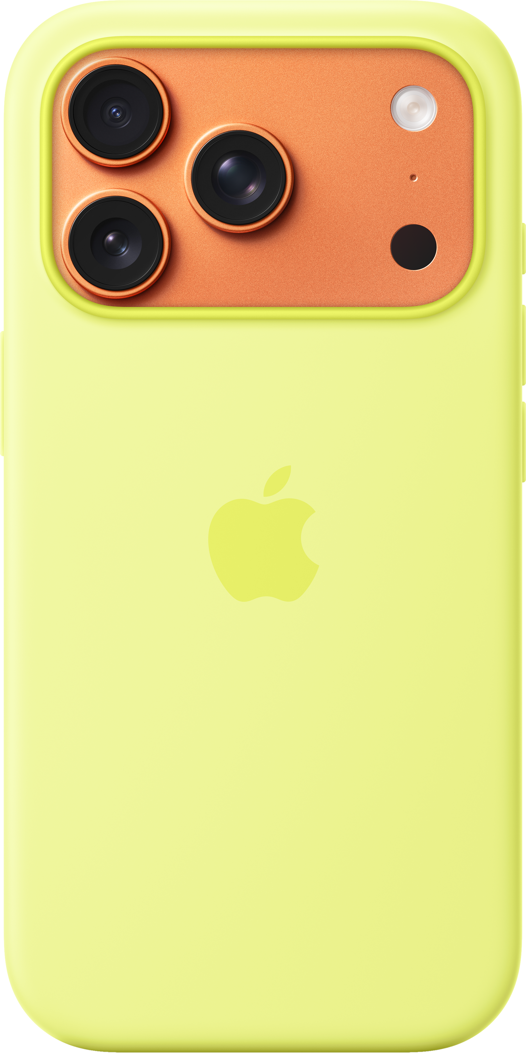 Una custodia gialla per iPhone con una sezione fotocamera arancione con tre obiettivi, un flash e il logo Apple.