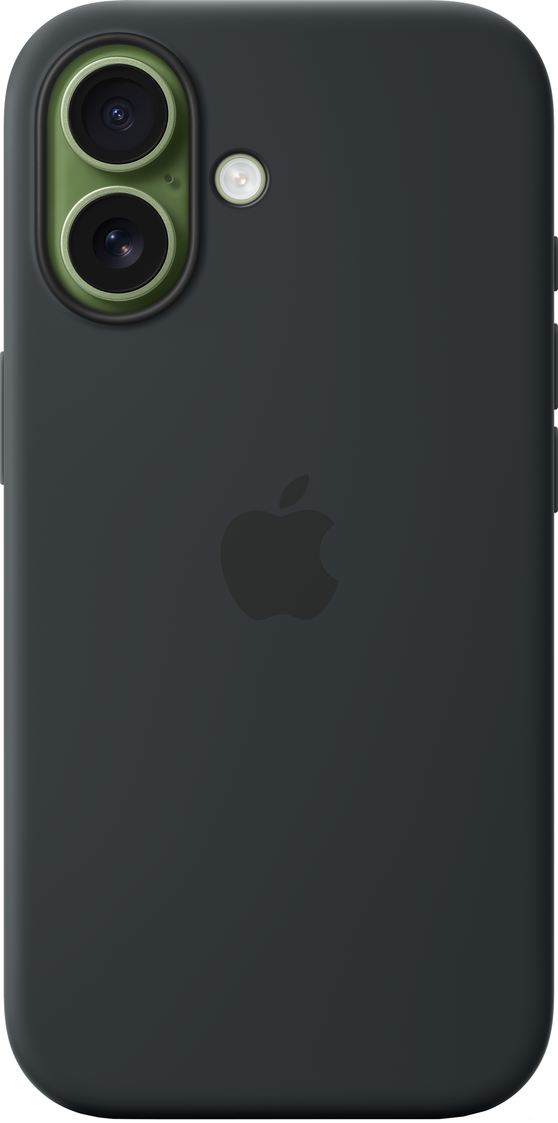 Dunkelgraue Handyhülle mit Apple-Logo. Doppelte Kameralinsen und Blitz oben links sichtbar.