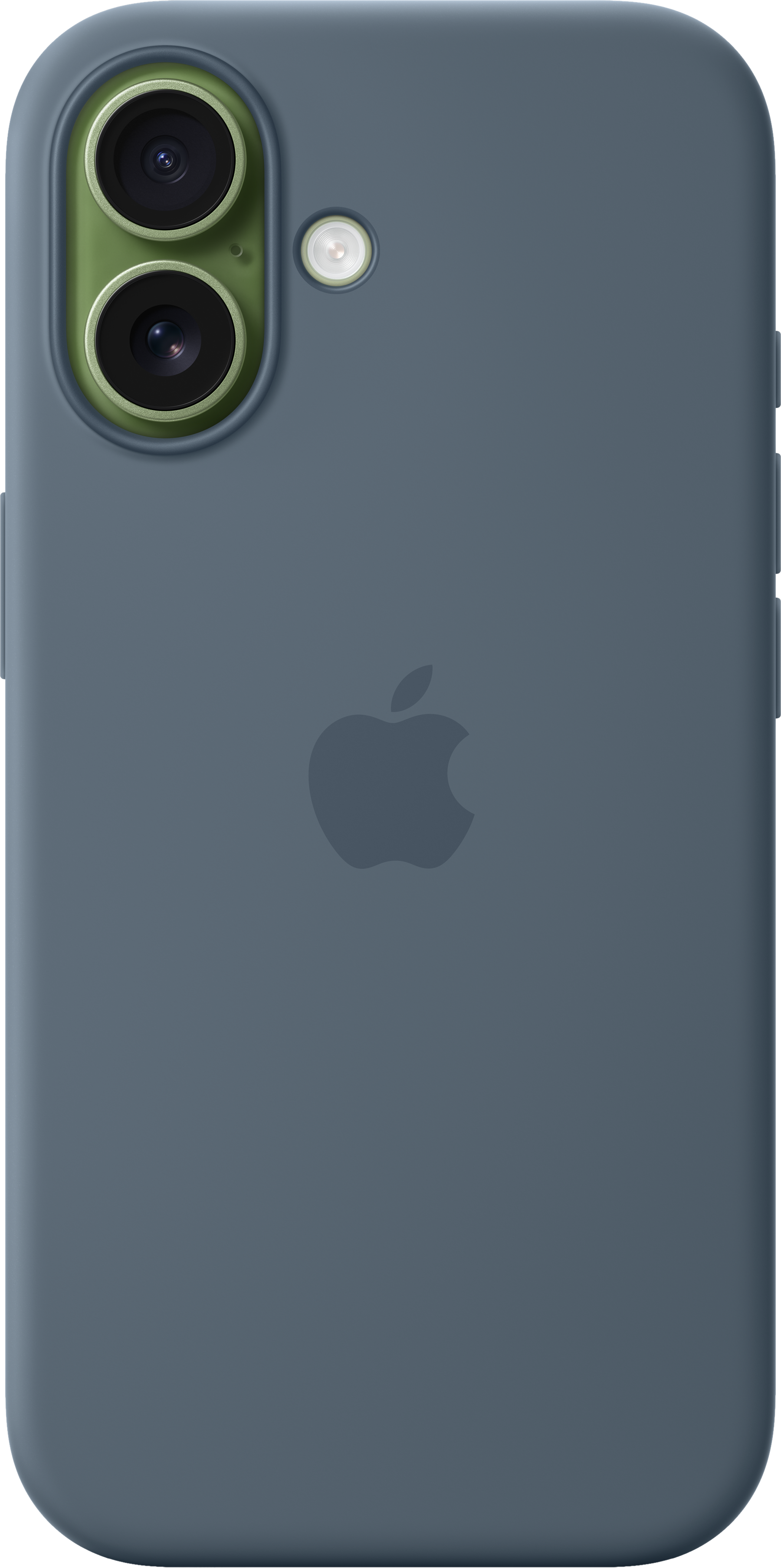 Una custodia blu per telefono con un logo Apple. Ha un modulo fotocamera con due lenti e un flash. La custodia è blu scuro.
