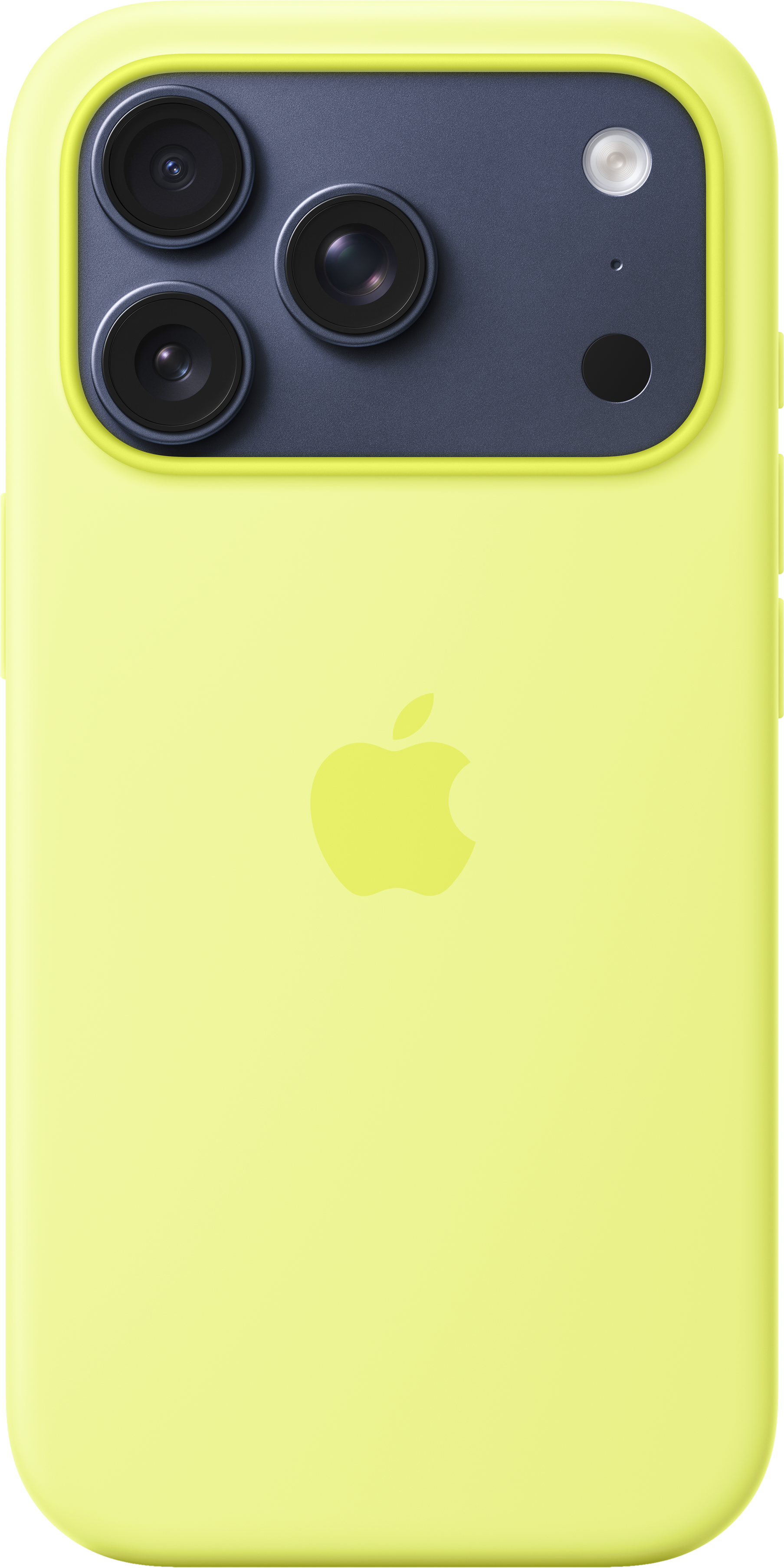Custodia per telefono gialla con area fotocamera nera. Logo Apple presente. Tre lenti della fotocamera, flash e un piccolo punto nero.
