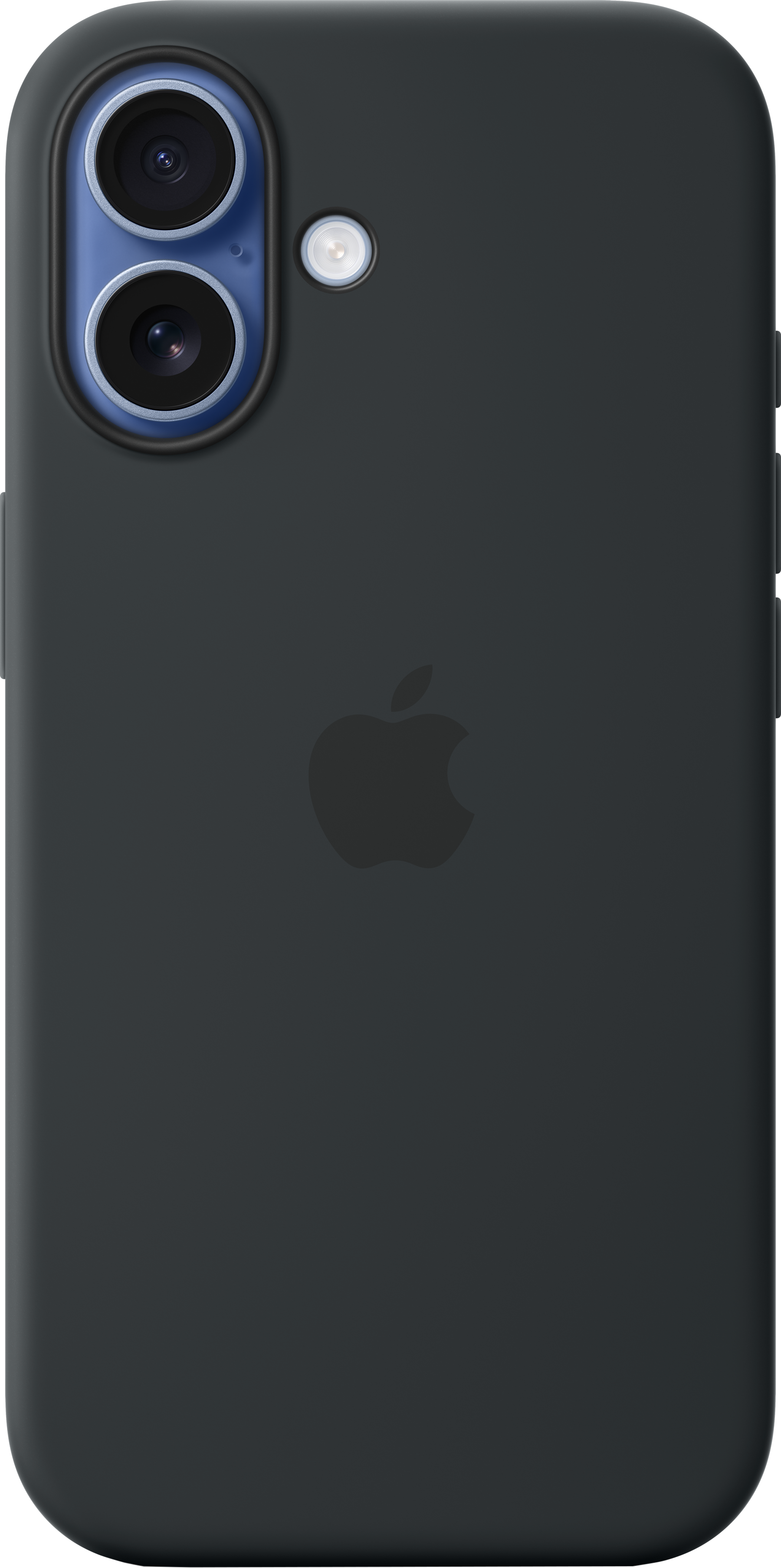 Dunkelgraue iPhone-Hülle mit zwei Kameralinsen und Blitz. Das Apple-Logo ist sichtbar. Die Hülle hat ein mattes Finish.