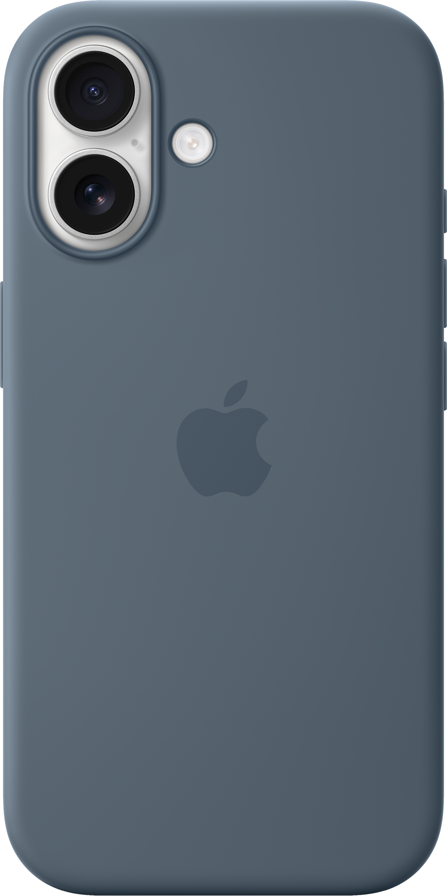 Una custodia per telefono verde acqua scuro con un logo Apple. Ha lenti della fotocamera e un flash. Lo sfondo è semplice.
