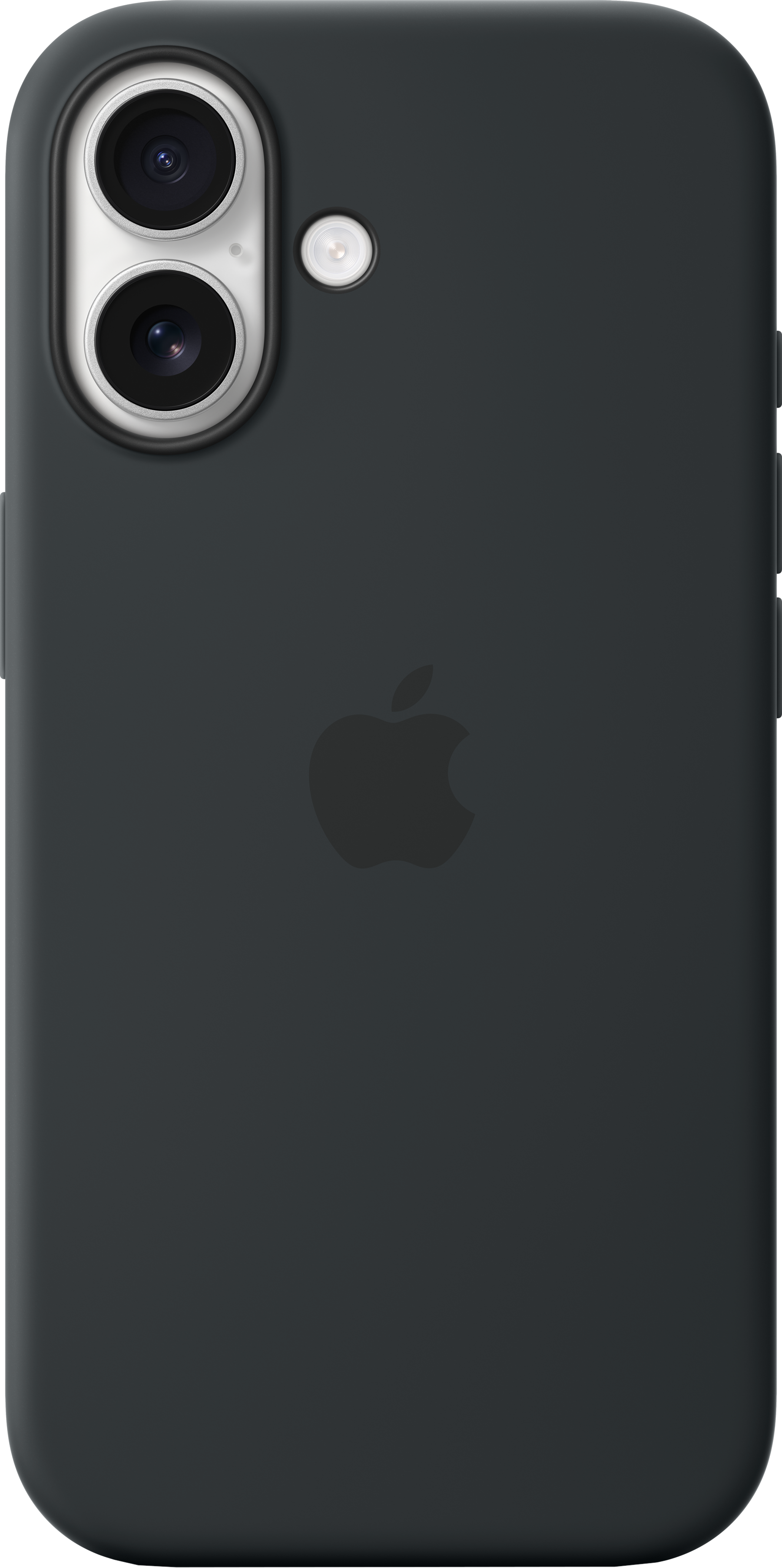 Dunkelgraue iPhone-Hülle. Sie hat ein Kameramodul mit zwei Linsen und einem Blitz. Ein Apple-Logo ist sichtbar.
