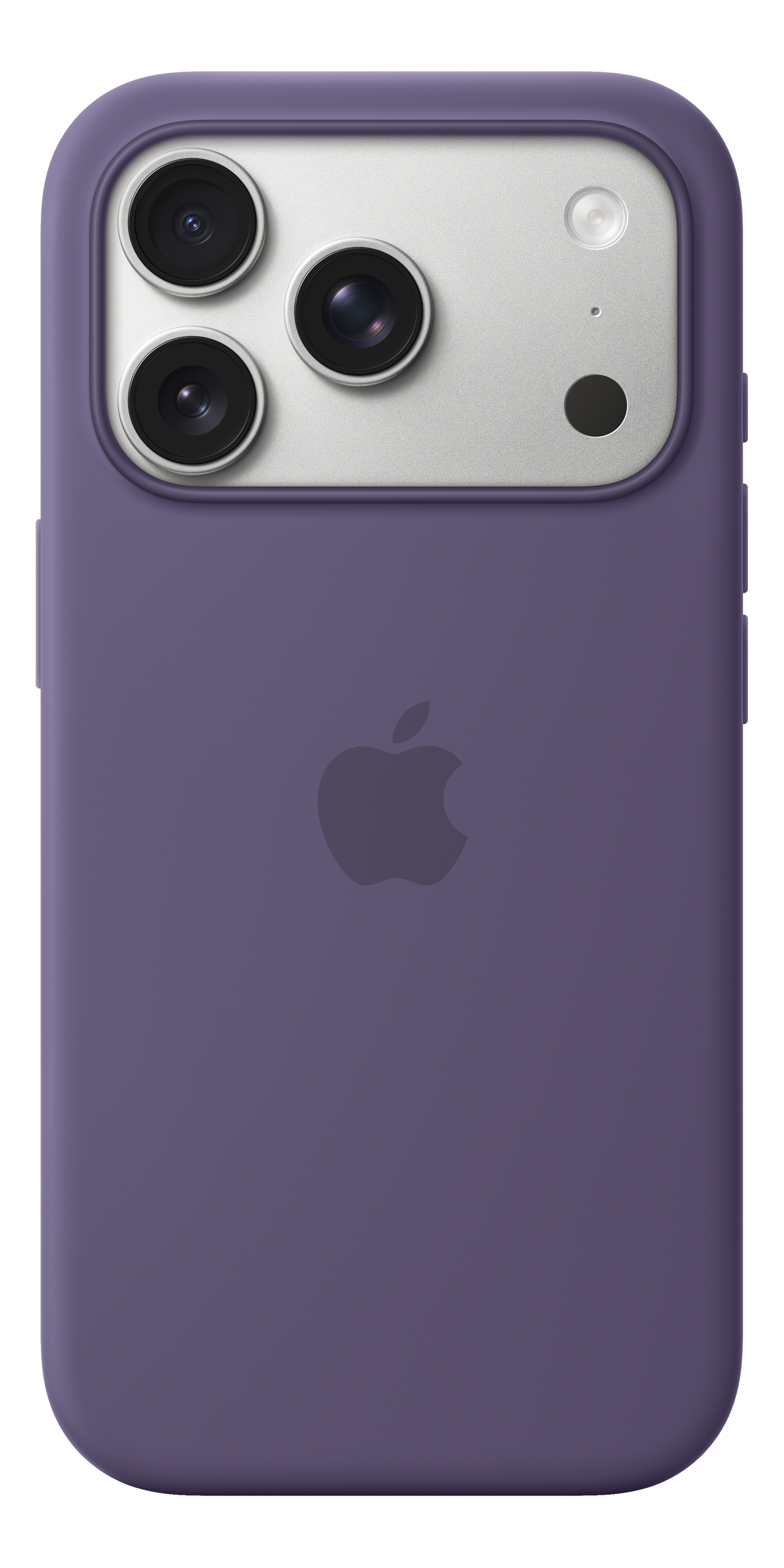 Una custodia viola con modulo fotocamera argentato, tre lenti, flash e logo Apple.
